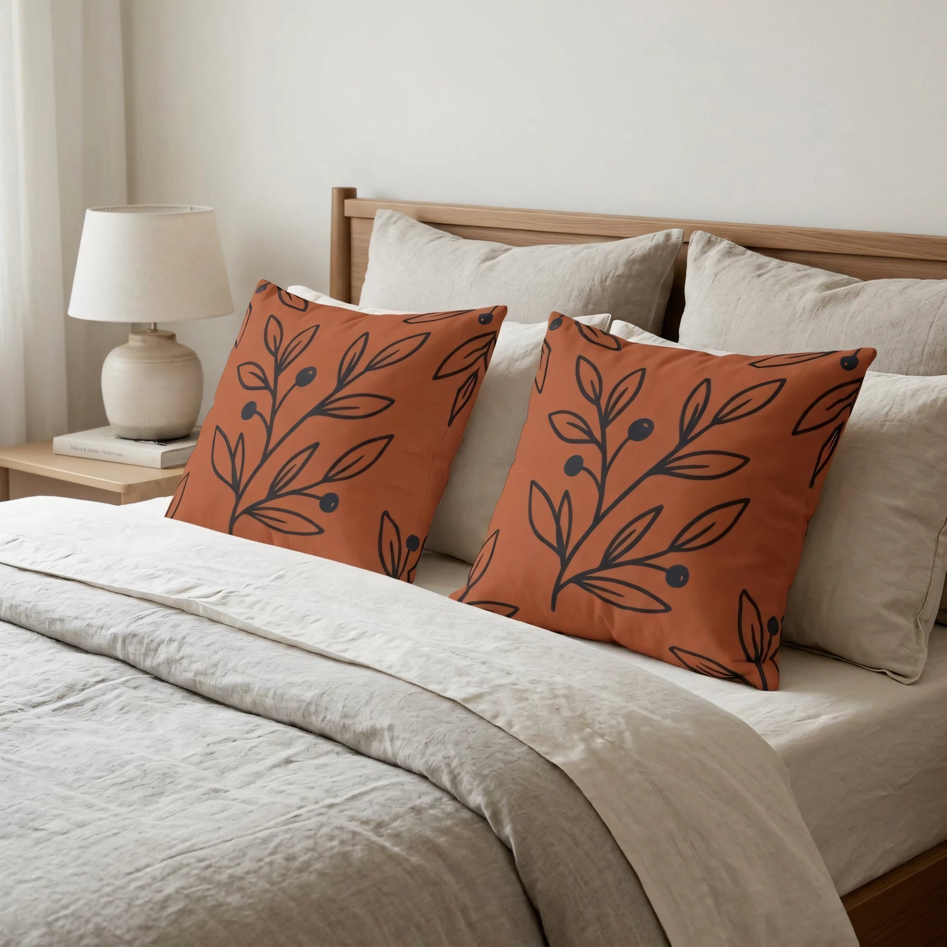 Two burnt orange cushions with a black botanical branch pattern on a bed with neutral bedding and a wooden headboard in a cozy bedroom.
