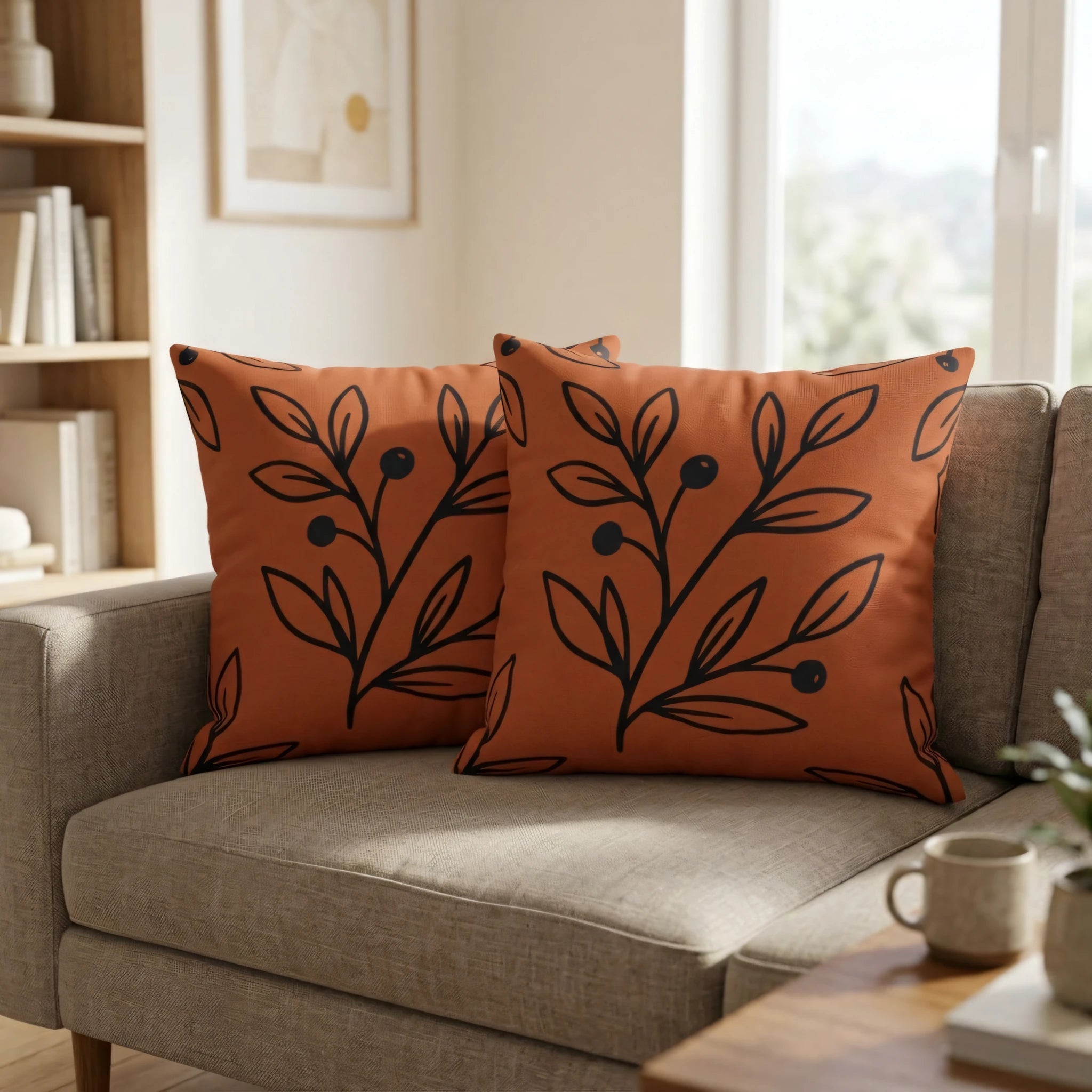 Two terracotta pillows with black leaf patterns on a gray sofa in a bright living room. Botanical print cushions for modern home decor.