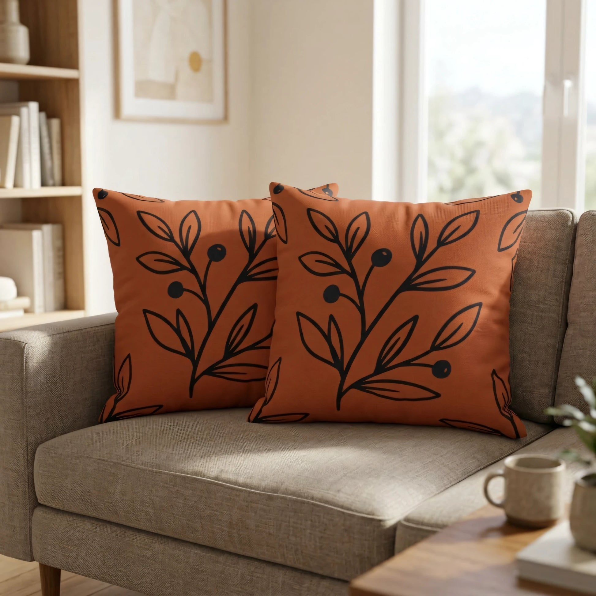 Two terracotta pillows with black leaf patterns on a gray sofa in a bright living room. Botanical print cushions for modern home decor.