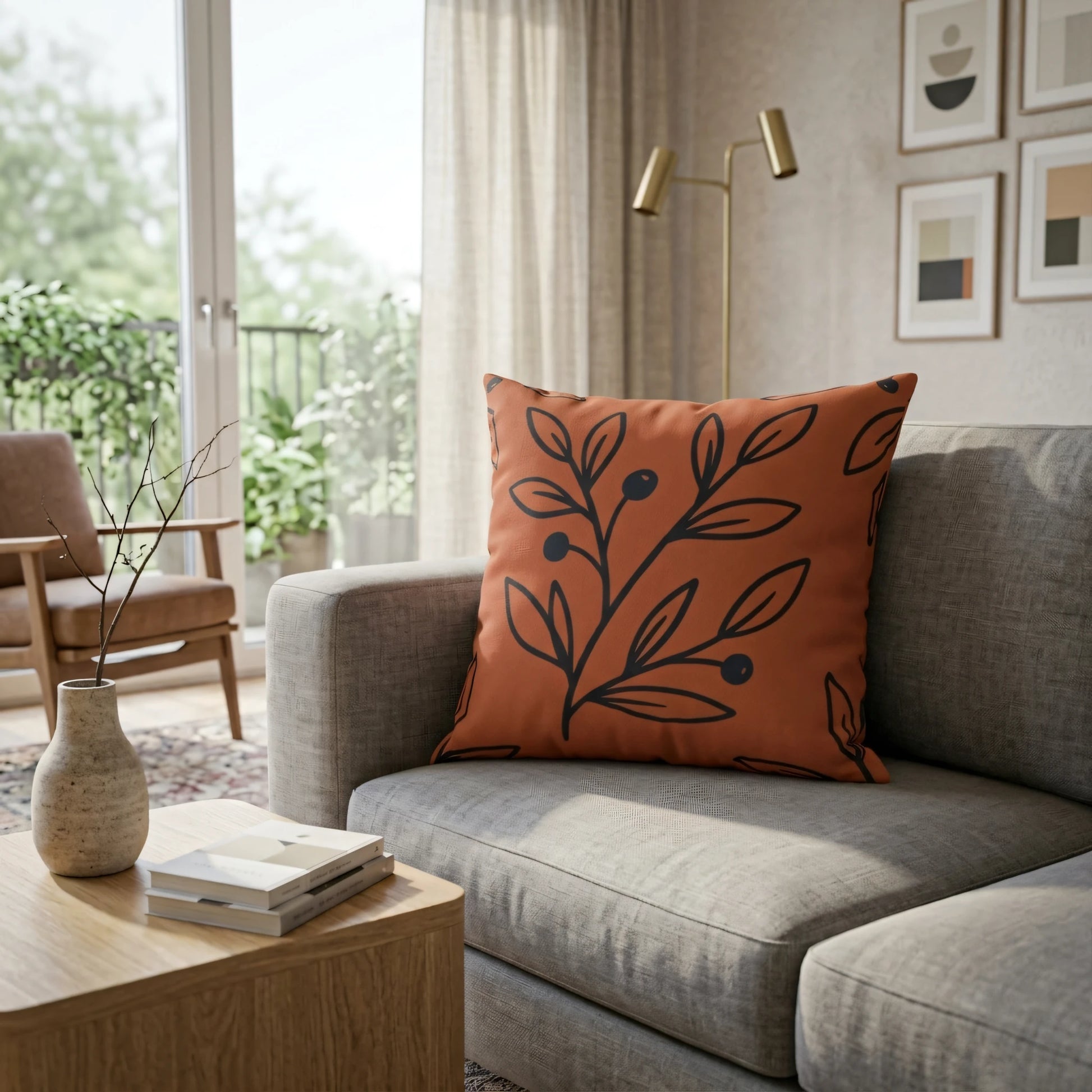 Burnt orange throw pillow with a black leaf pattern on a grey sofa in a modern living room setting with minimalist decor and warm lighting.