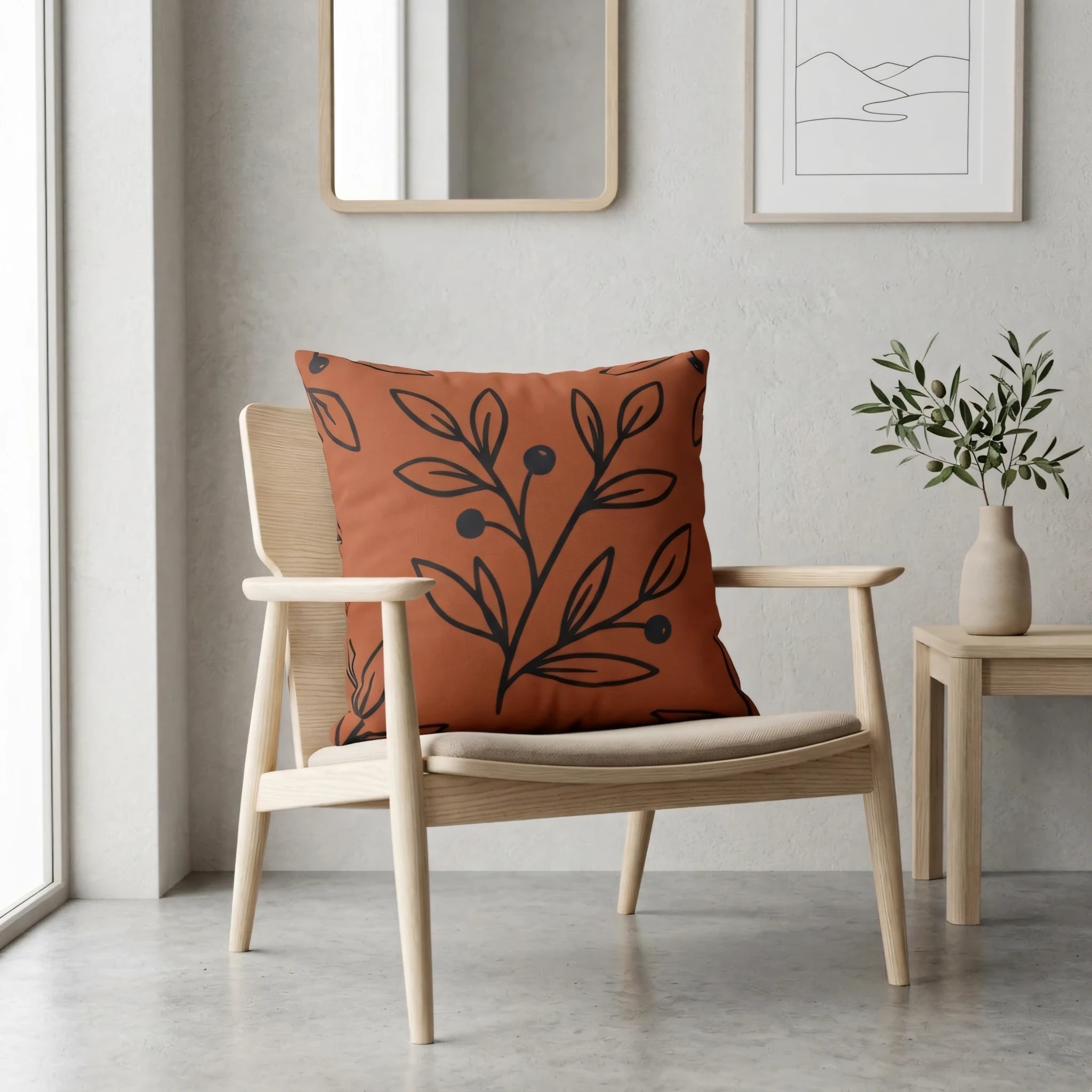 Terracotta botanical throw pillow with black leaf line art on a light wood armchair in a minimalist modern living room interior.