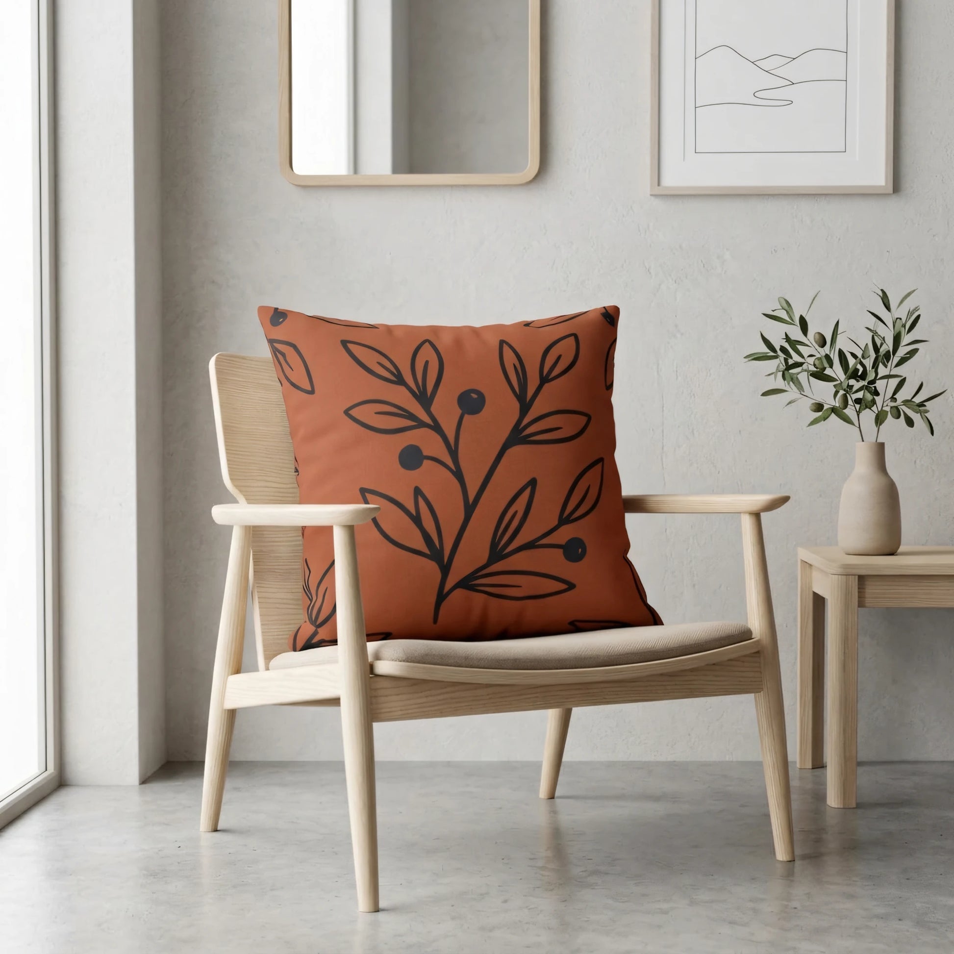 Terracotta botanical throw pillow with black leaf line art on a light wood armchair in a minimalist modern living room interior.