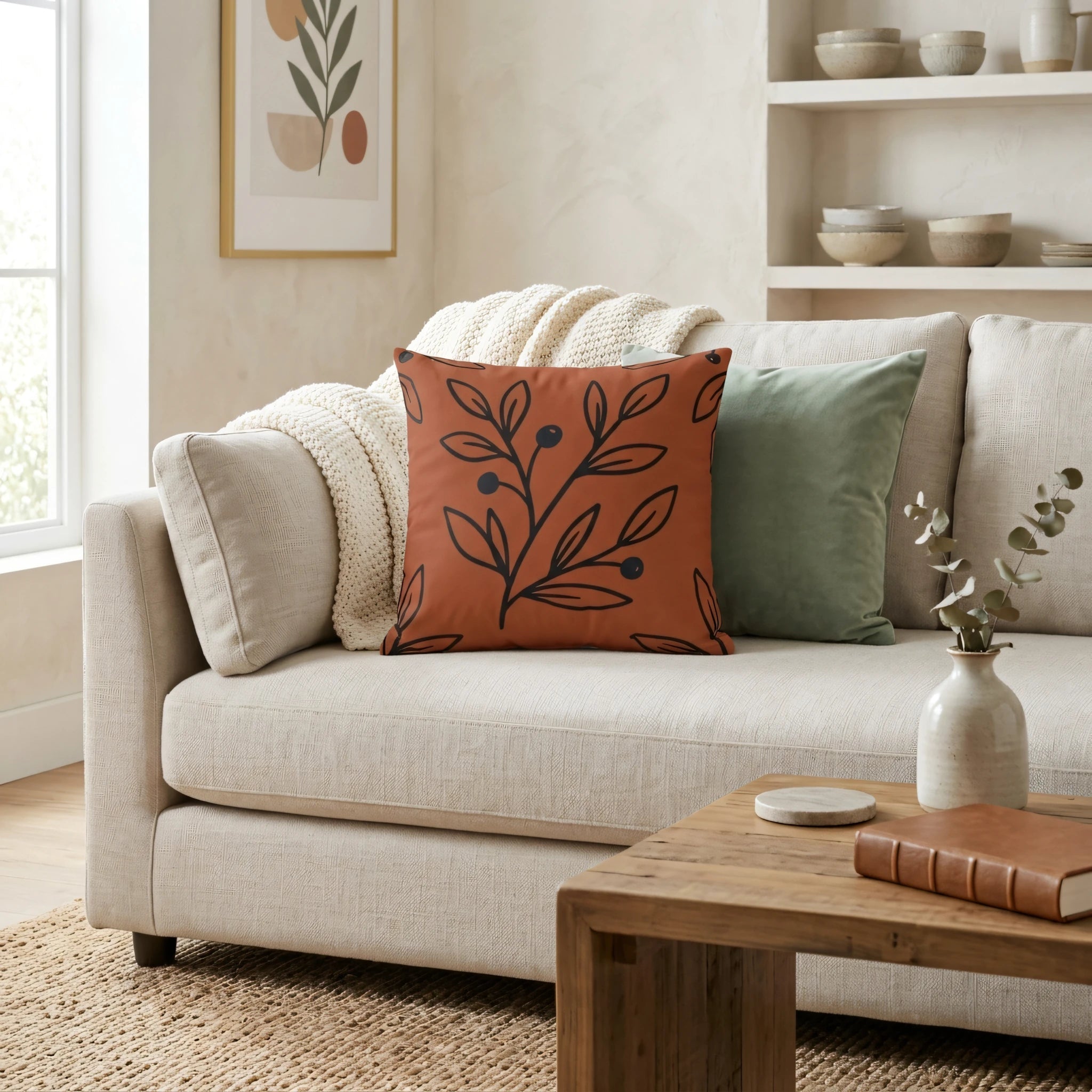 Terracotta throw pillow with a black botanical leaf pattern on a beige sofa in a cozy living room setting with a sage green cushion and wooden table.