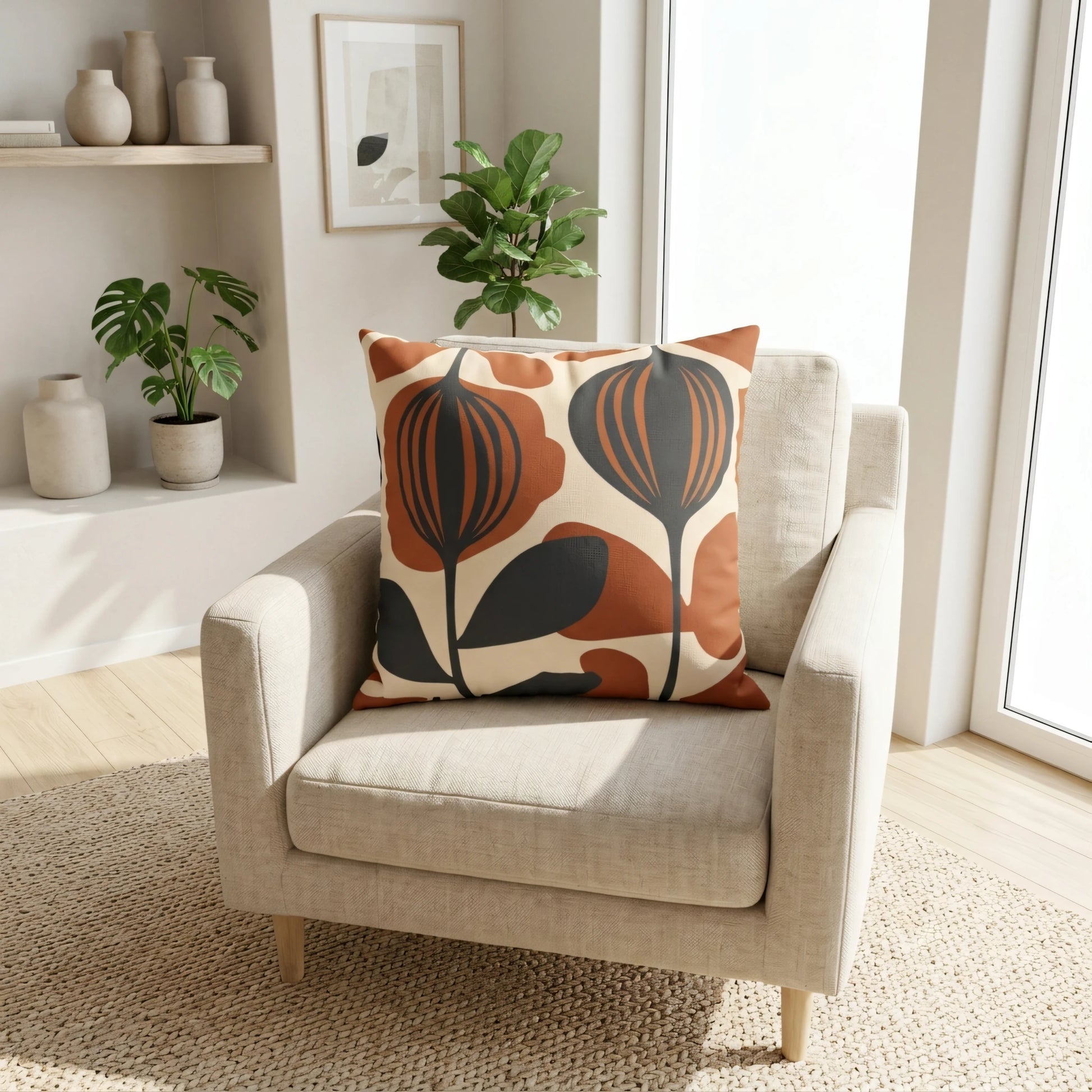Decorative mid-century floral pillow in terracotta and black on a beige armchair in a bright, minimalist sunlit living room.