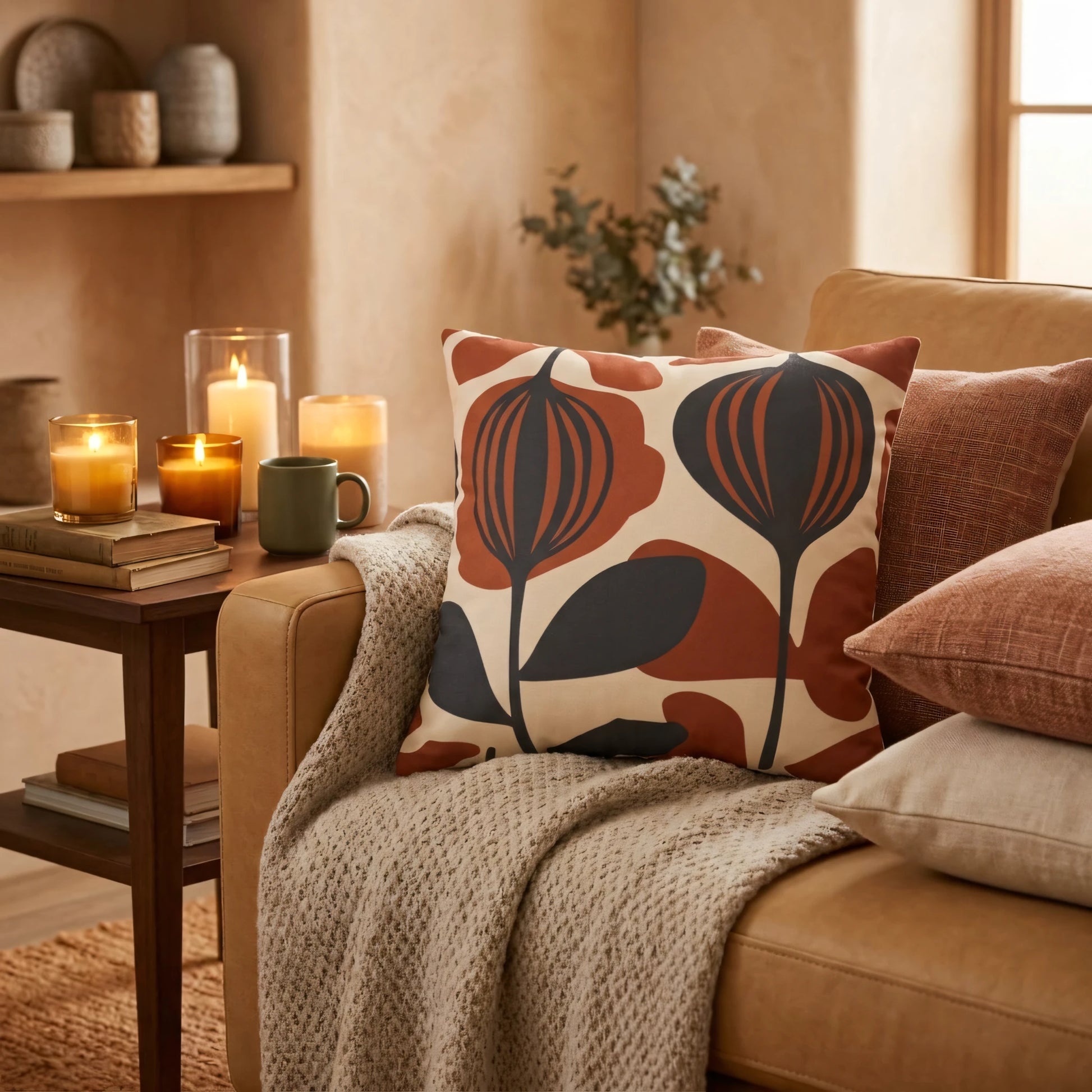 Abstract botanical cushion in rust orange and charcoal on a leather sofa, styled with a knit throw and candles in a warm, cozy living room.