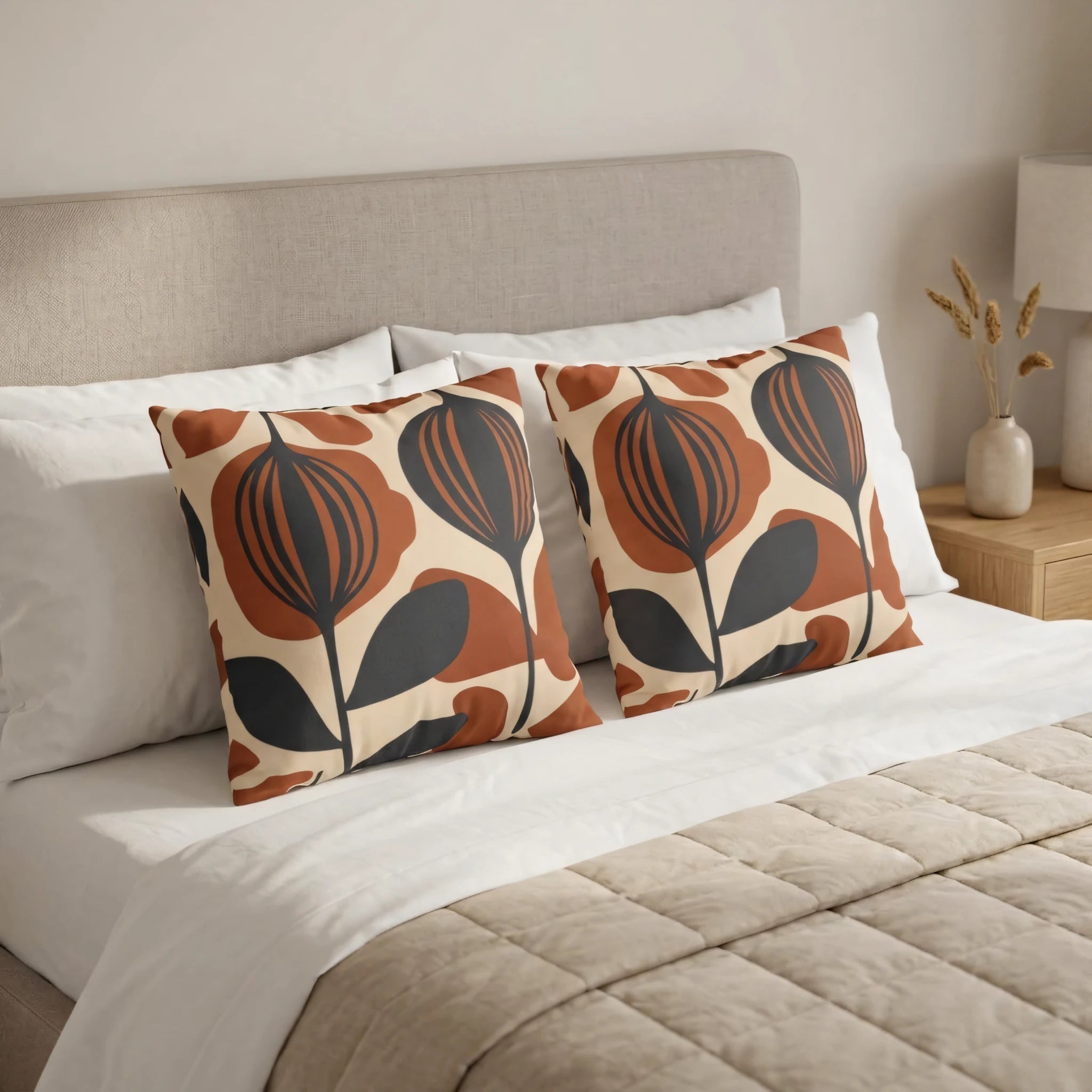 Pair of decorative cushions with terracotta and charcoal floral patterns on a white bed with a beige headboard in a cozy, modern bedroom.