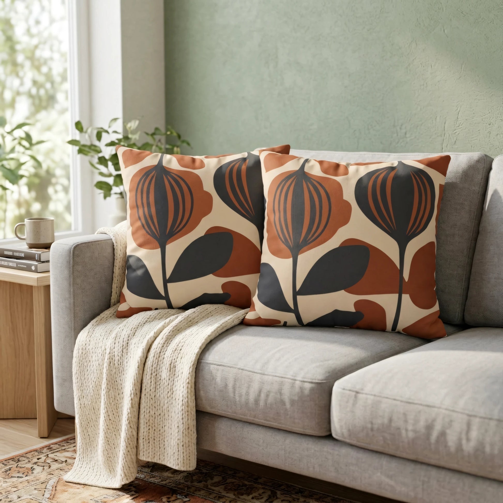 Duo of cushions featuring a mid-century modern floral pattern in burnt orange and grey, styled on a grey sofa with a cream throw and green wall.