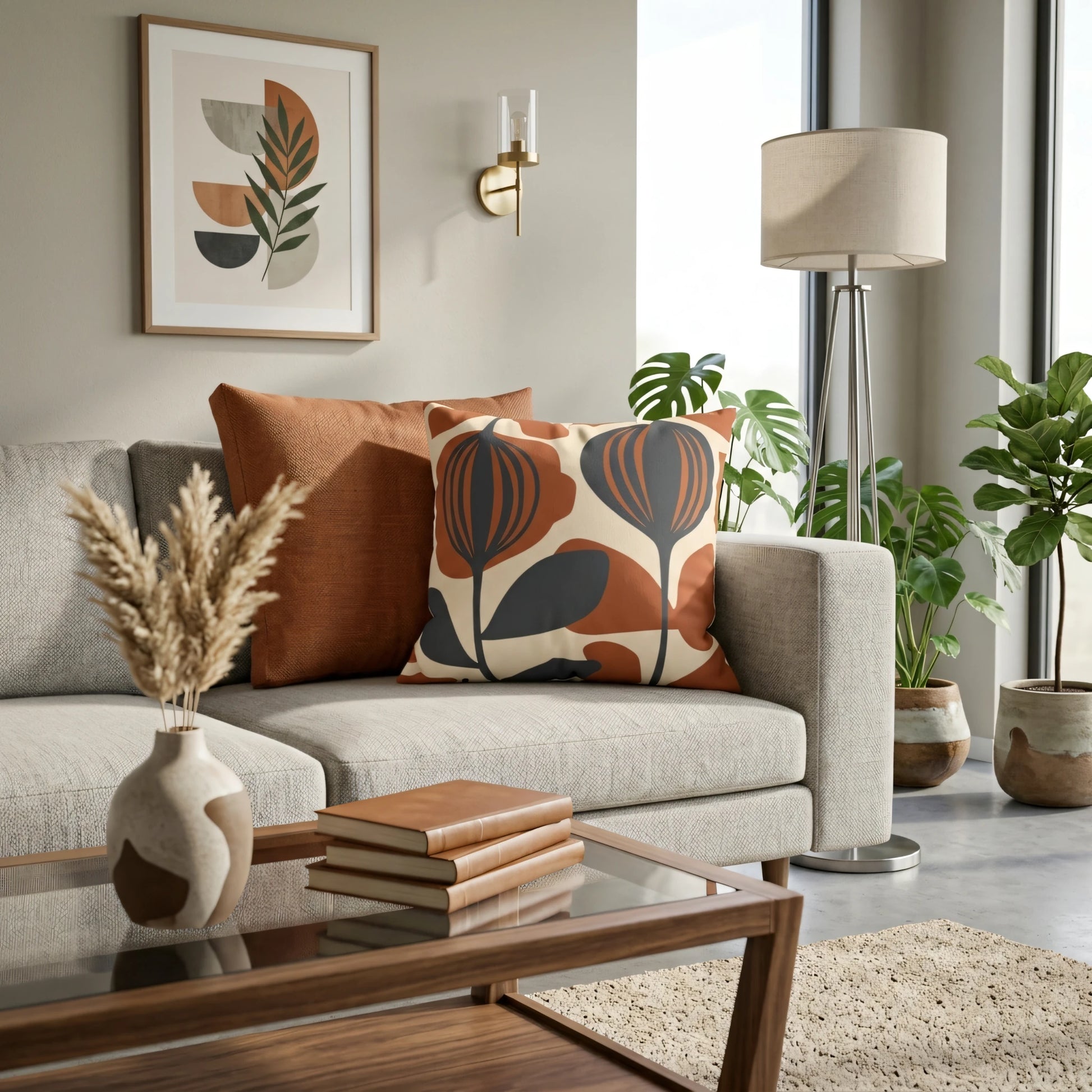 Patterned cushion with rust and grey abstract floral design on a grey sofa in a modern living room with plants, books, and a floor lamp.