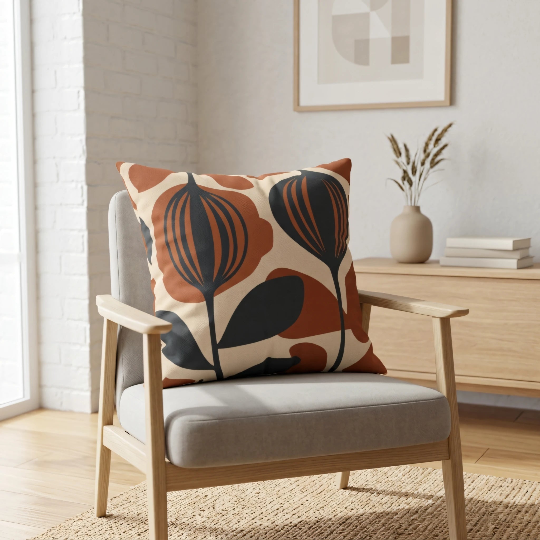 Decorative cushion with a rust and black botanical pattern on a grey armchair in a minimalist room with natural wood and neutral tones.