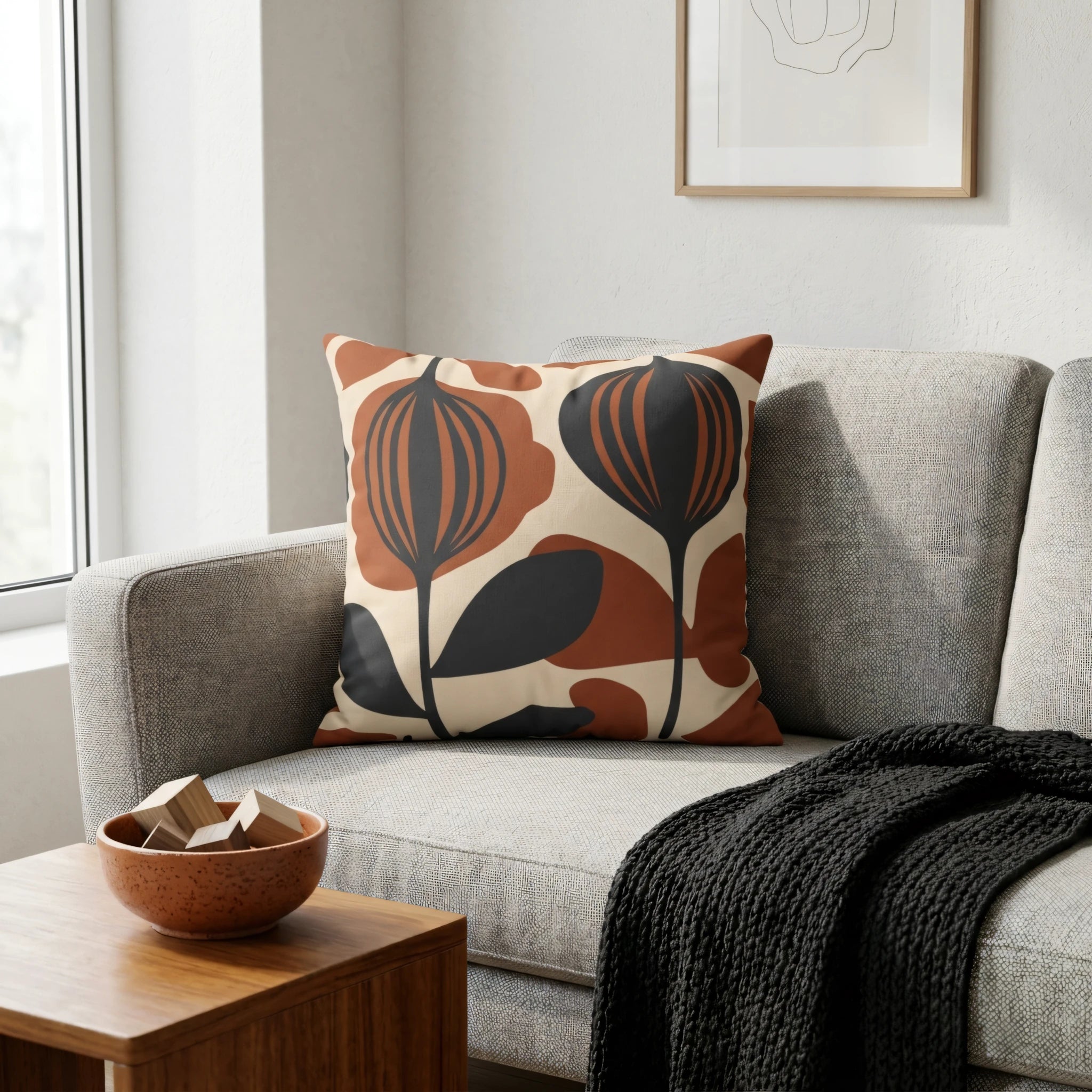 Burnt Orange Floral Throw Pillow with Insert
