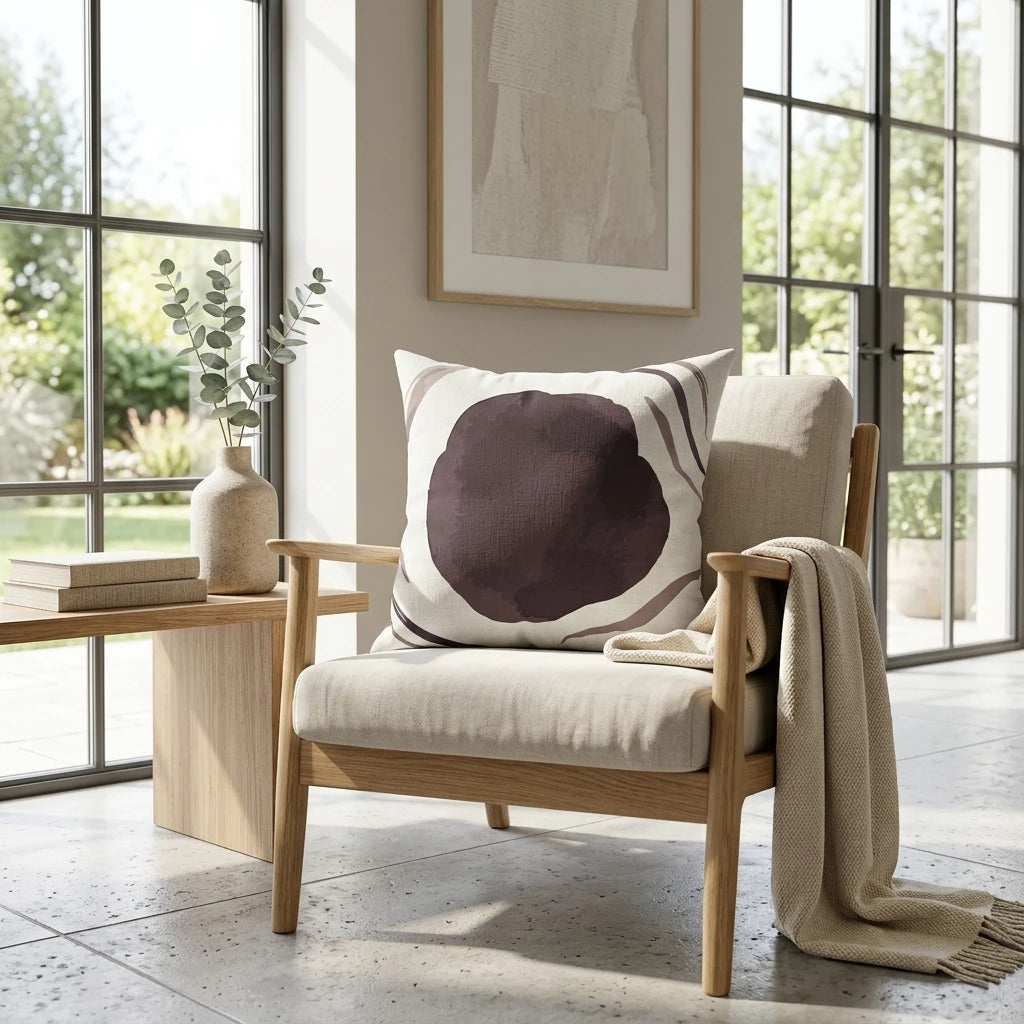 Cream cushion with an abstract dark purple spot pattern on a wooden armchair in a sunlit modern room with large windows and a garden view.