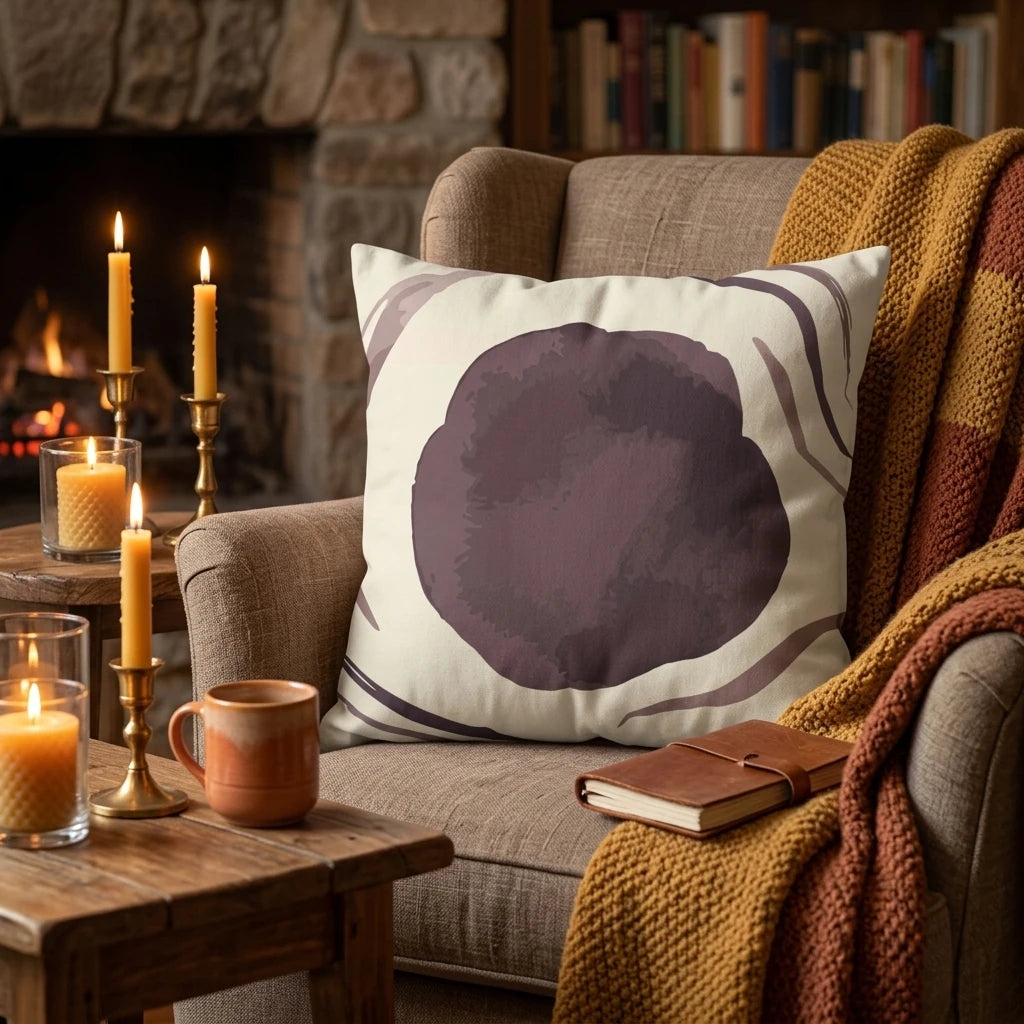Abstract purple pattern throw pillow on a beige armchair in a cozy living room with warm candles and a stone fireplace.