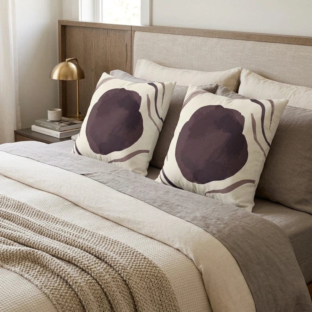 Two square pillows with purple watercolor abstract patterns on a cozy bed with neutral grey linens and a gold table lamp.