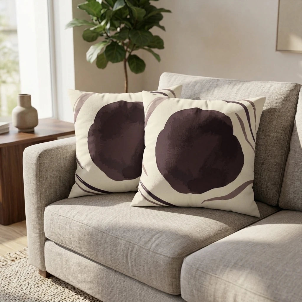 Two cream decorative cushions featuring a dark plum abstract circular pattern on a gray sofa in a modern sunlit living room.