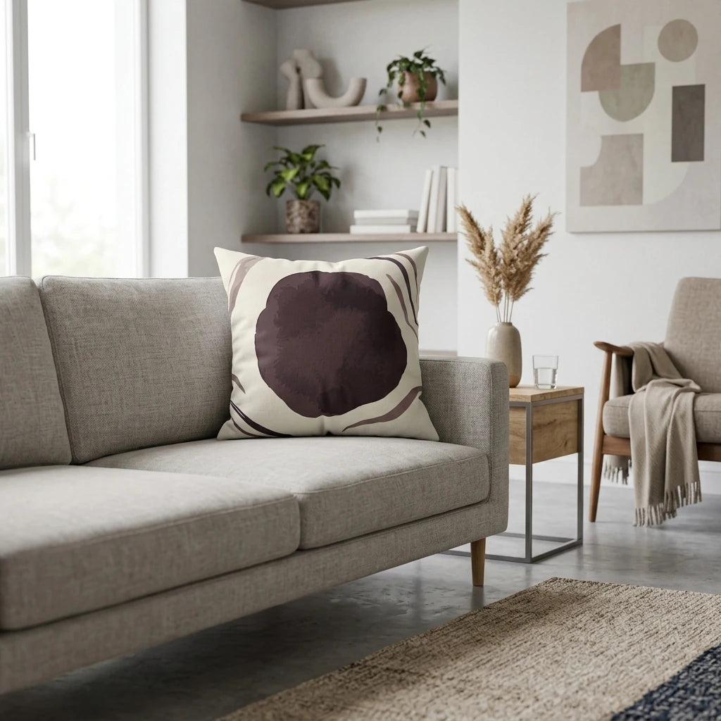 Abstract burgundy watercolor pillow on a grey sofa in a modern living room featuring wooden shelves and minimalist decor.