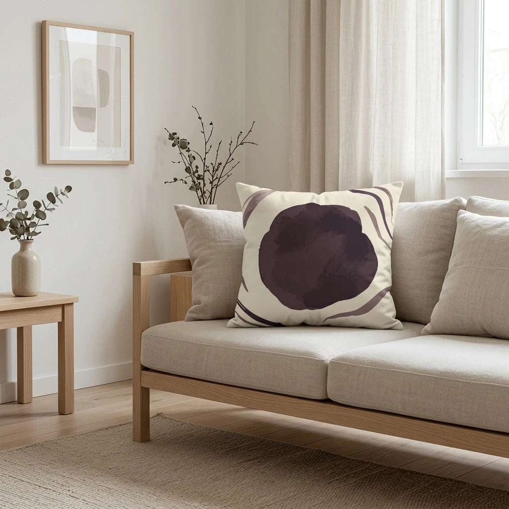 Cream throw pillow with a dark purple abstract watercolor circle design on a wooden sofa in a minimalist living room with neutral home decor.