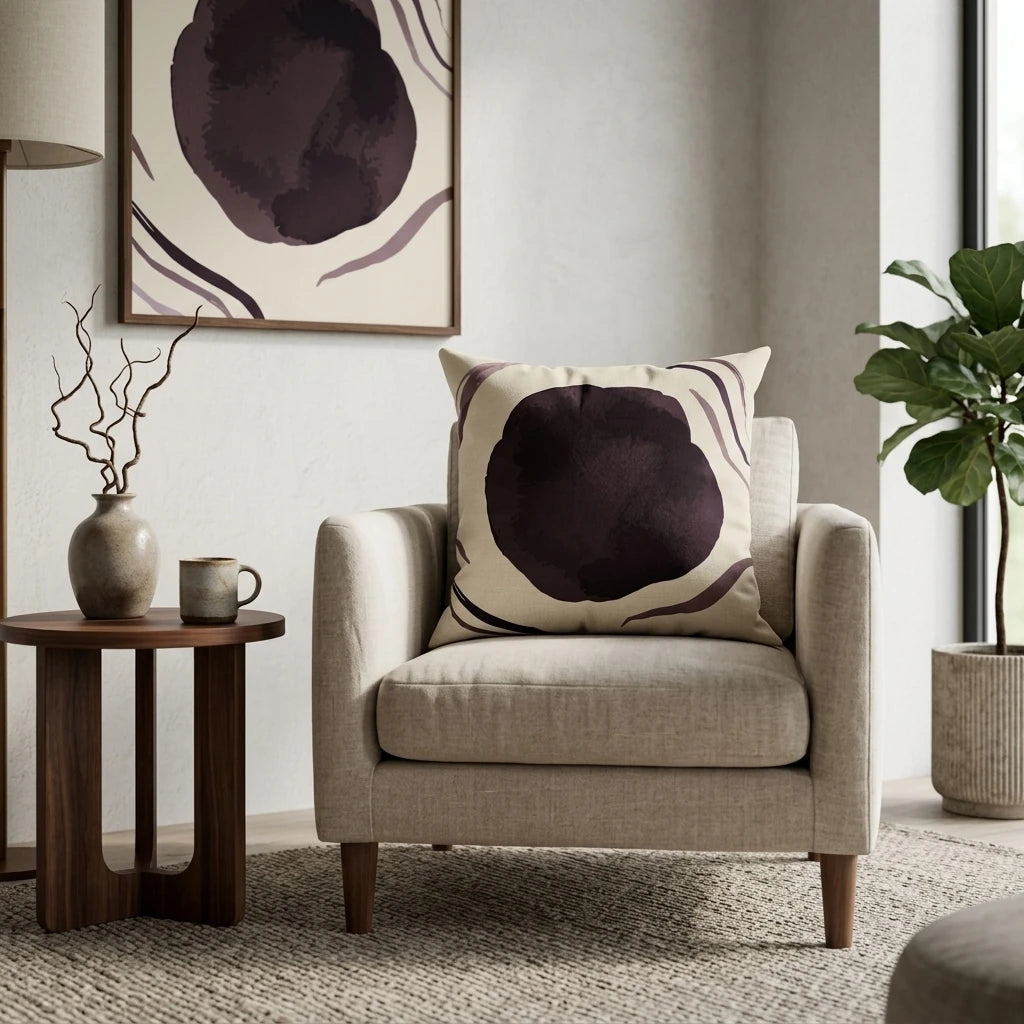 Abstract dark purple and cream decorative pillow on a beige armchair in a modern living room setting with matching wall art and a side table.