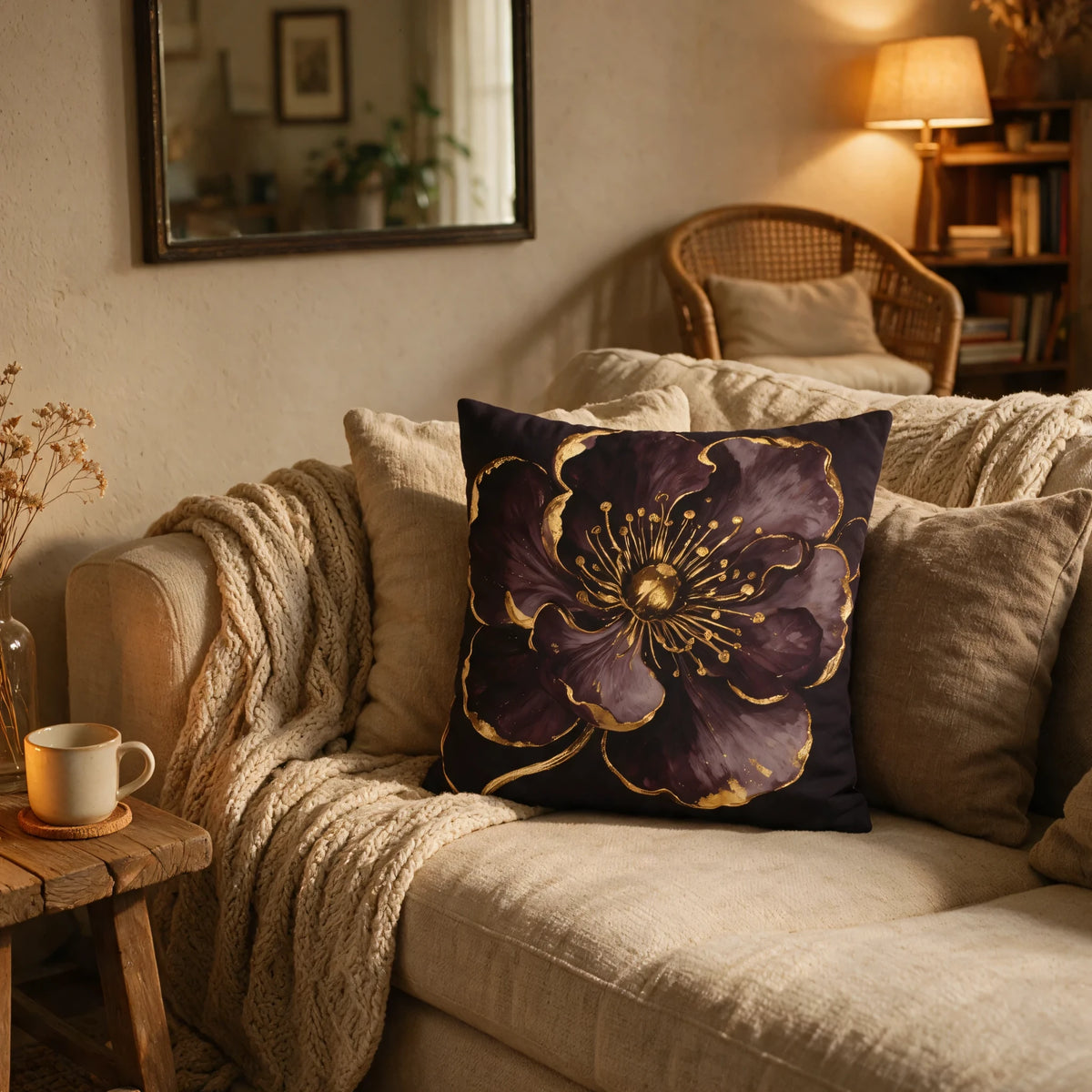 Dark purple floral cushion with gold accents on a cream sofa in a cozy living room with a chunky knit blanket and warm lighting.