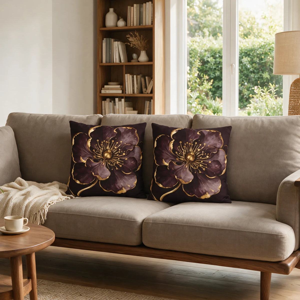 Two dark purple cushions with gold floral patterns on a beige sofa in a cozy, sunlit living room interior.