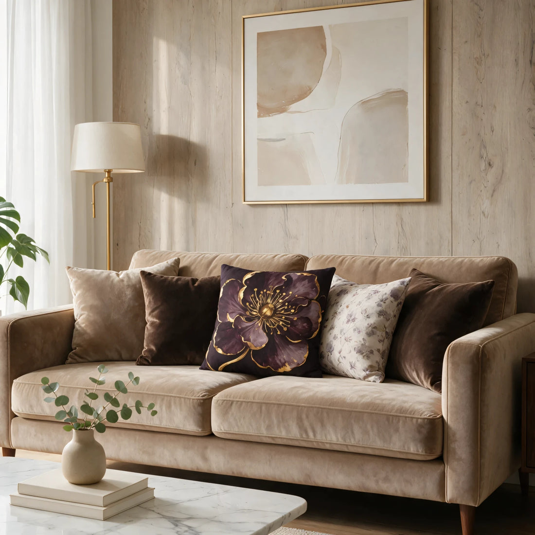 Elegant dark purple floral cushion among neutral pillows on a beige sofa in a modern living room with abstract wall art and warm decor.