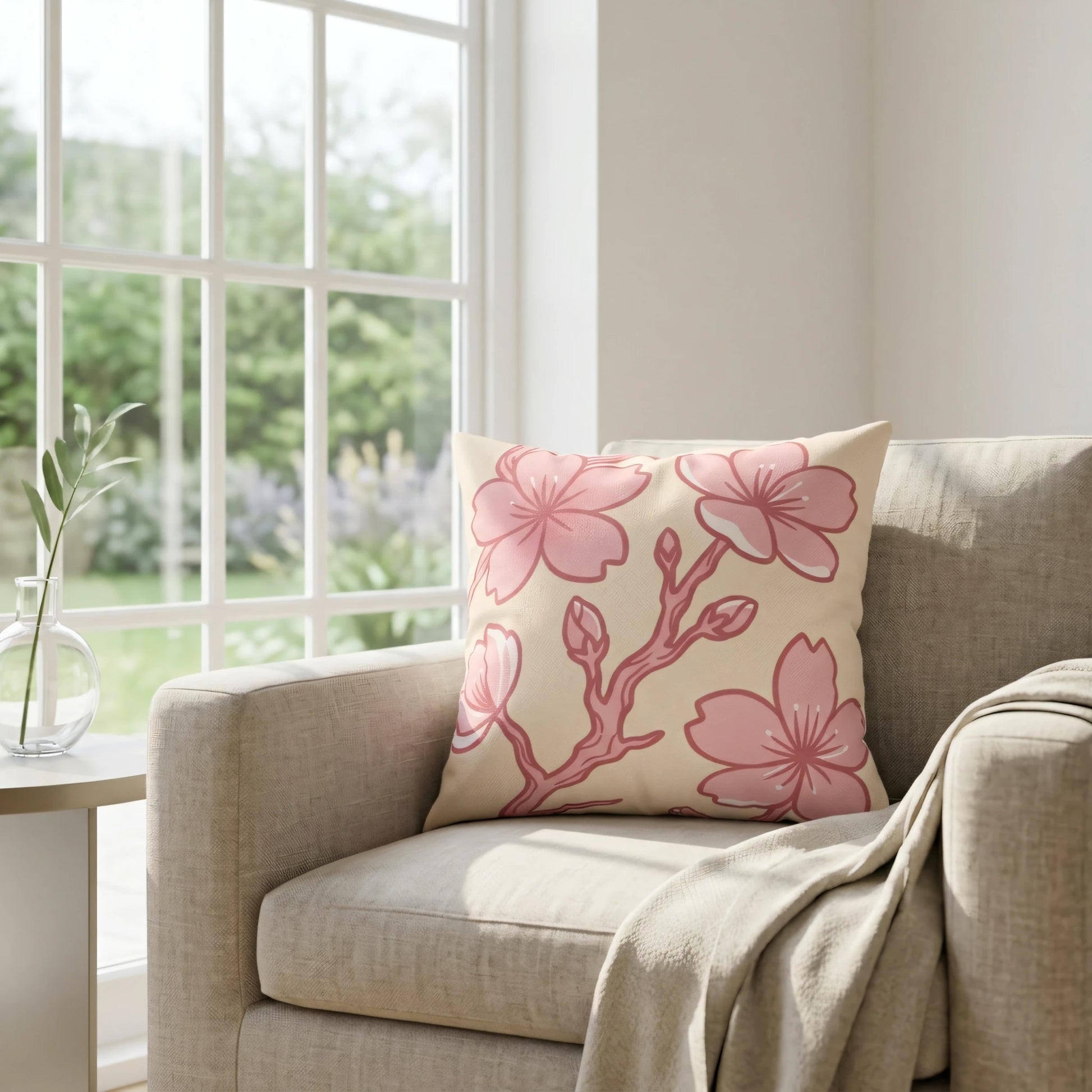 Decorative throw pillow with pink cherry blossom pattern on a cozy armchair in a bright room overlooking a garden window.