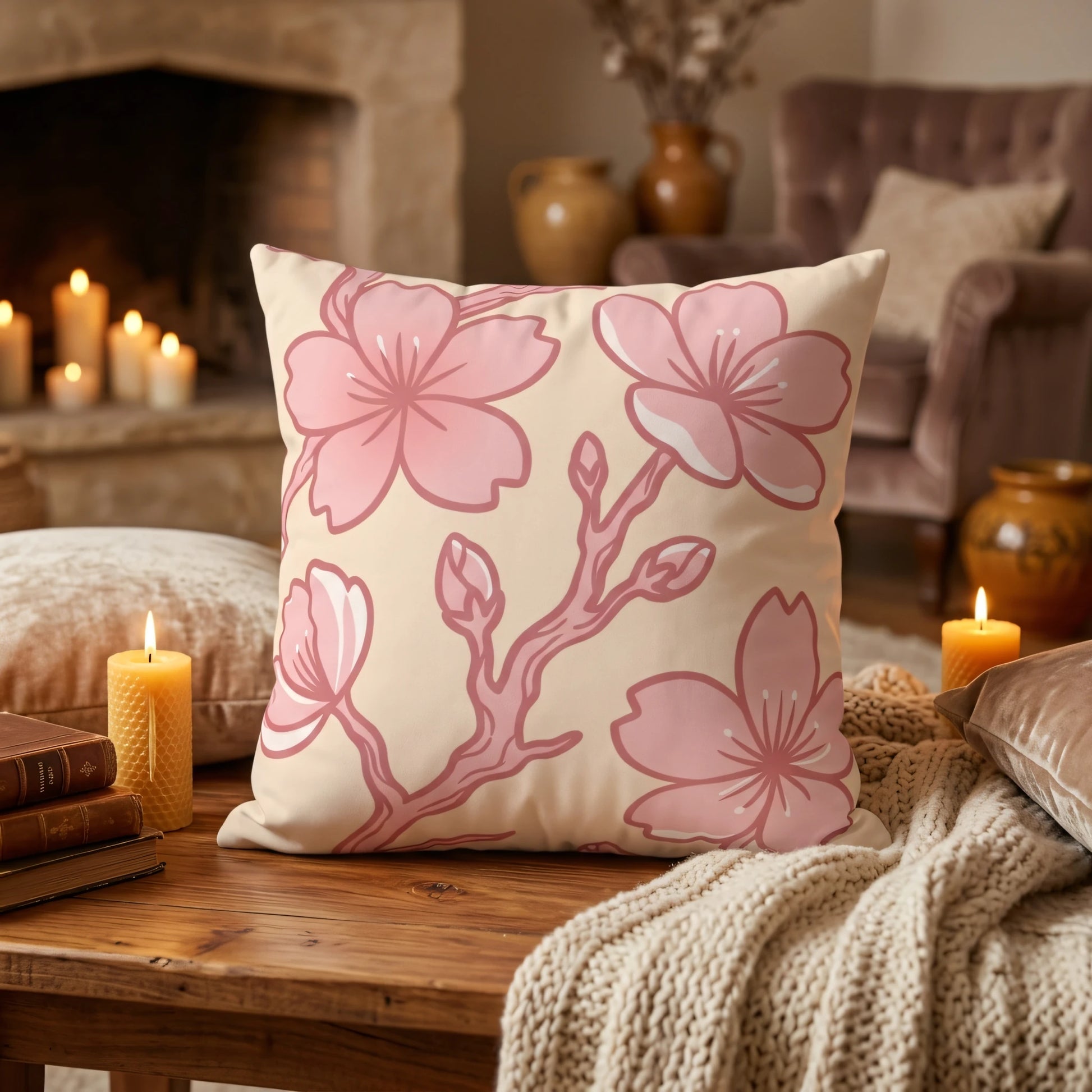 Decorative pink cherry blossom floral pillow on a wooden table in a cozy home setting with glowing candles and warm fireplace ambiance.