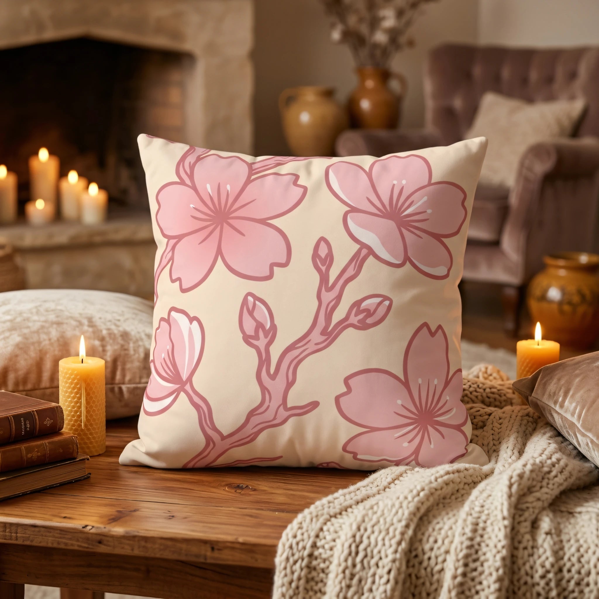 Decorative pink cherry blossom floral pillow on a wooden table in a cozy home setting with glowing candles and warm fireplace ambiance.