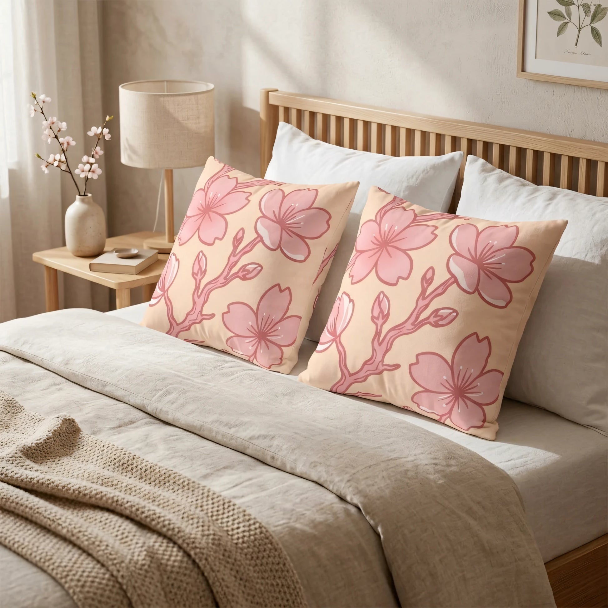 Two decorative peach cushions with pink cherry blossom patterns on a bed with a wooden headboard in a cozy, neutral-toned lifestyle bedroom.