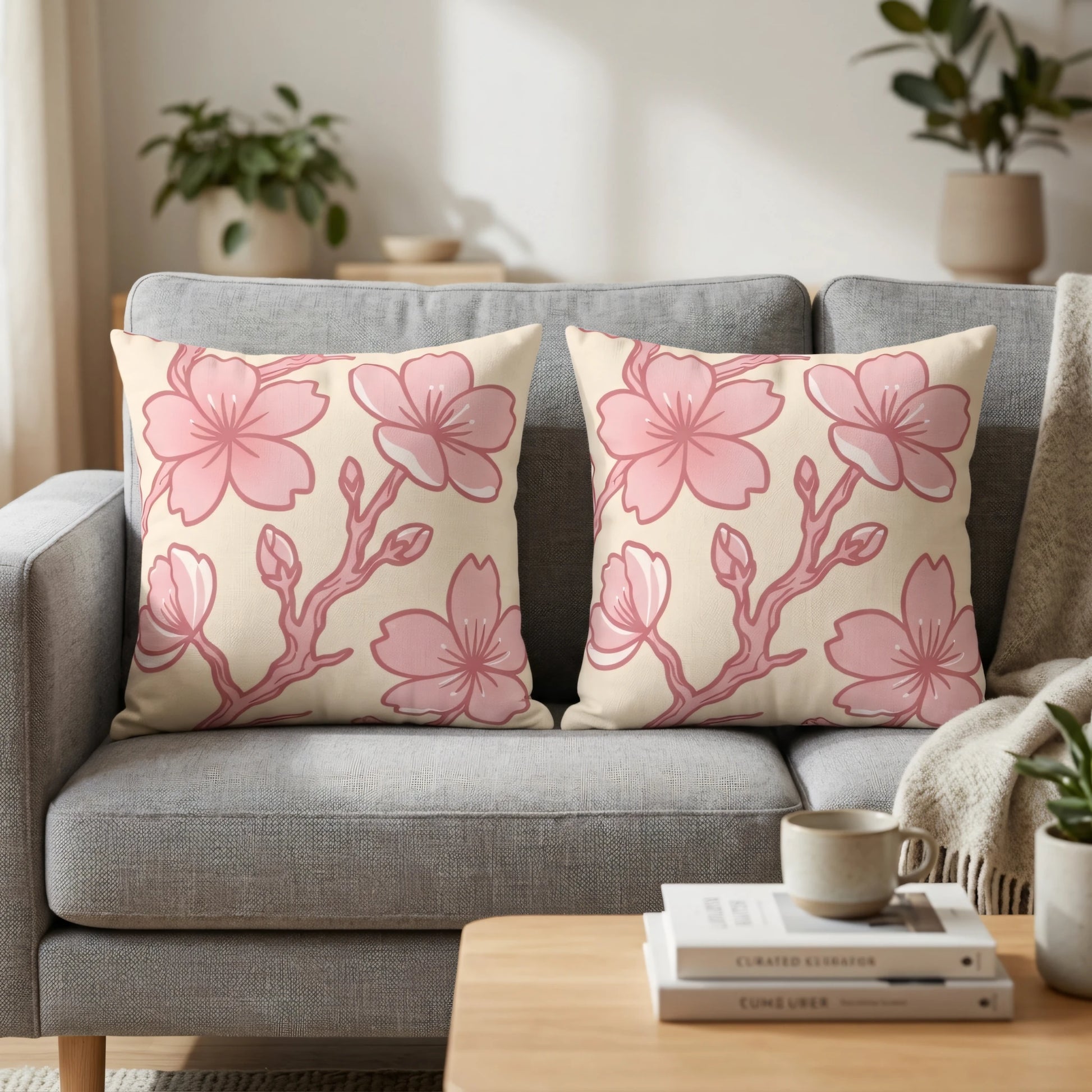 Two decorative throw pillows with a pink cherry blossom pattern on a grey sofa. Cozy living room scene with floral cushions and indoor plants.