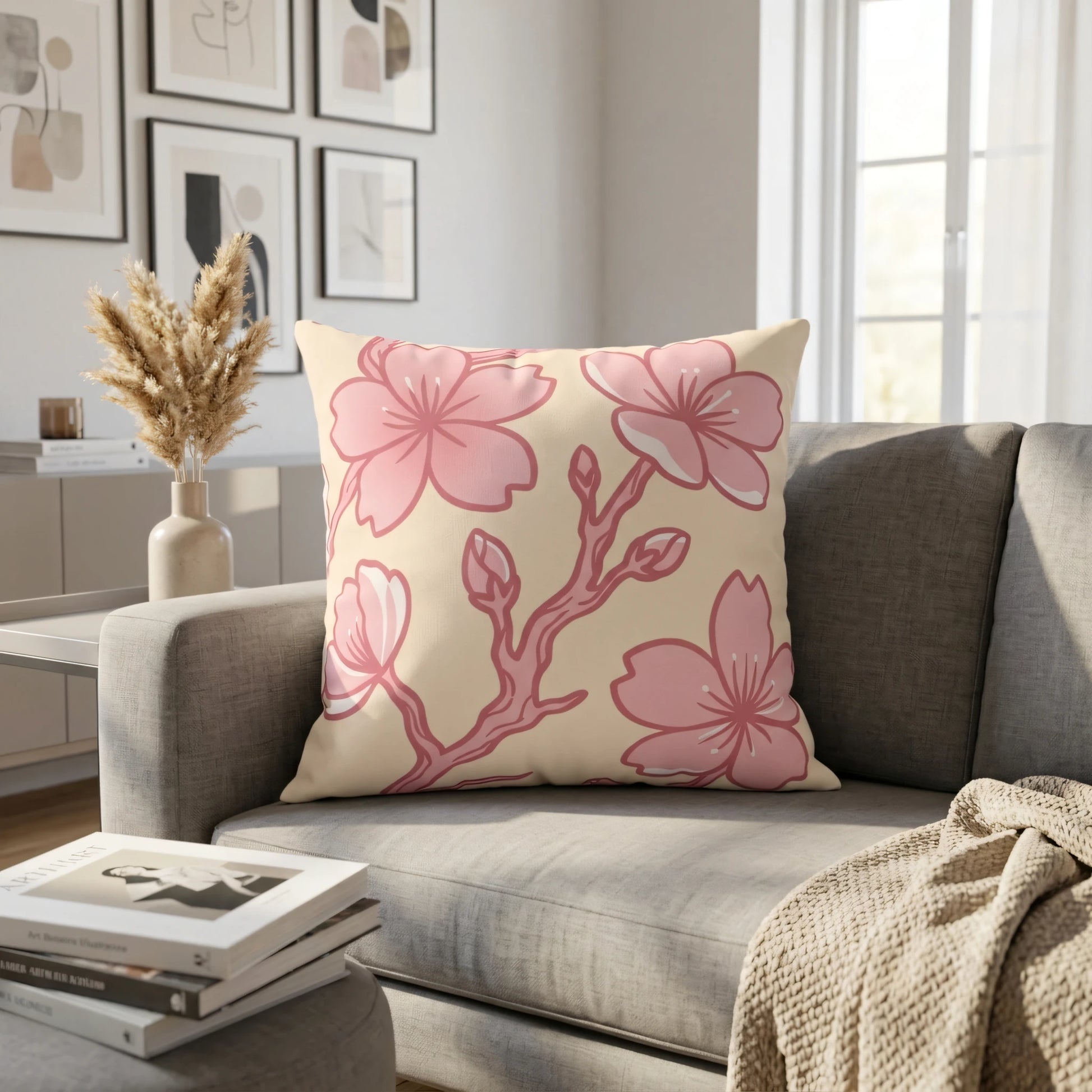 Floral cushion with pink cherry blossom pattern on a grey sofa in a modern living room setting with minimalist wall art and pampas grass decor.
