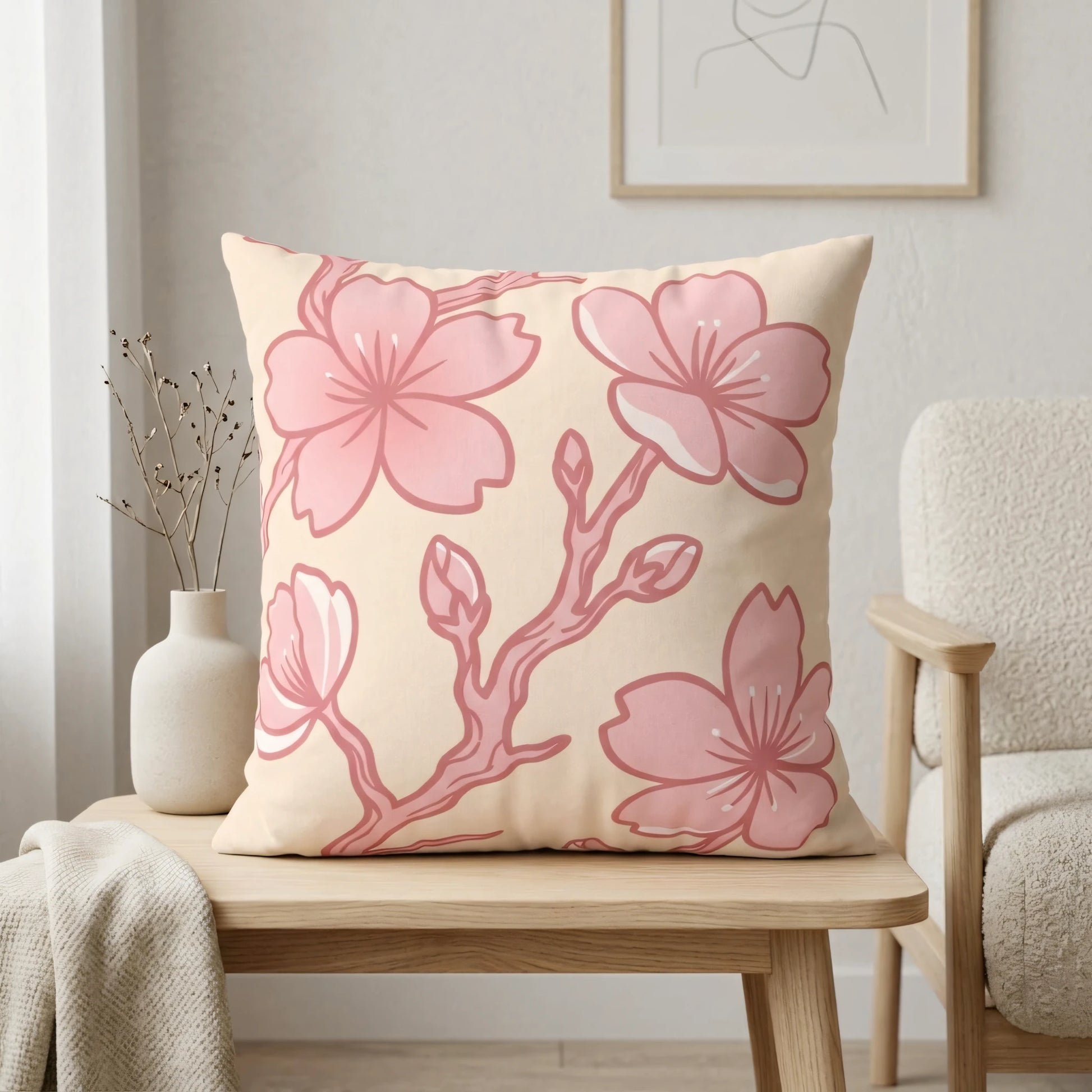 Minimalist pink cherry blossom cushion on a light wood side table in a bright room with a white decorative vase and armchair.