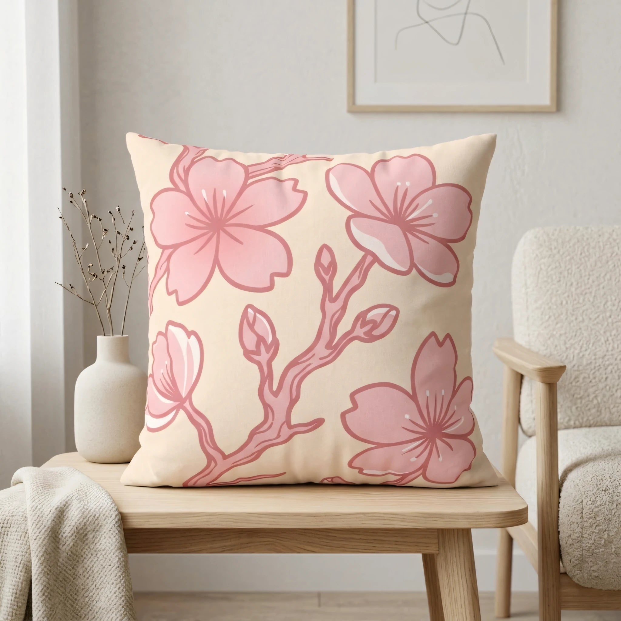 Minimalist pink cherry blossom cushion on a light wood side table in a bright room with a white decorative vase and armchair.