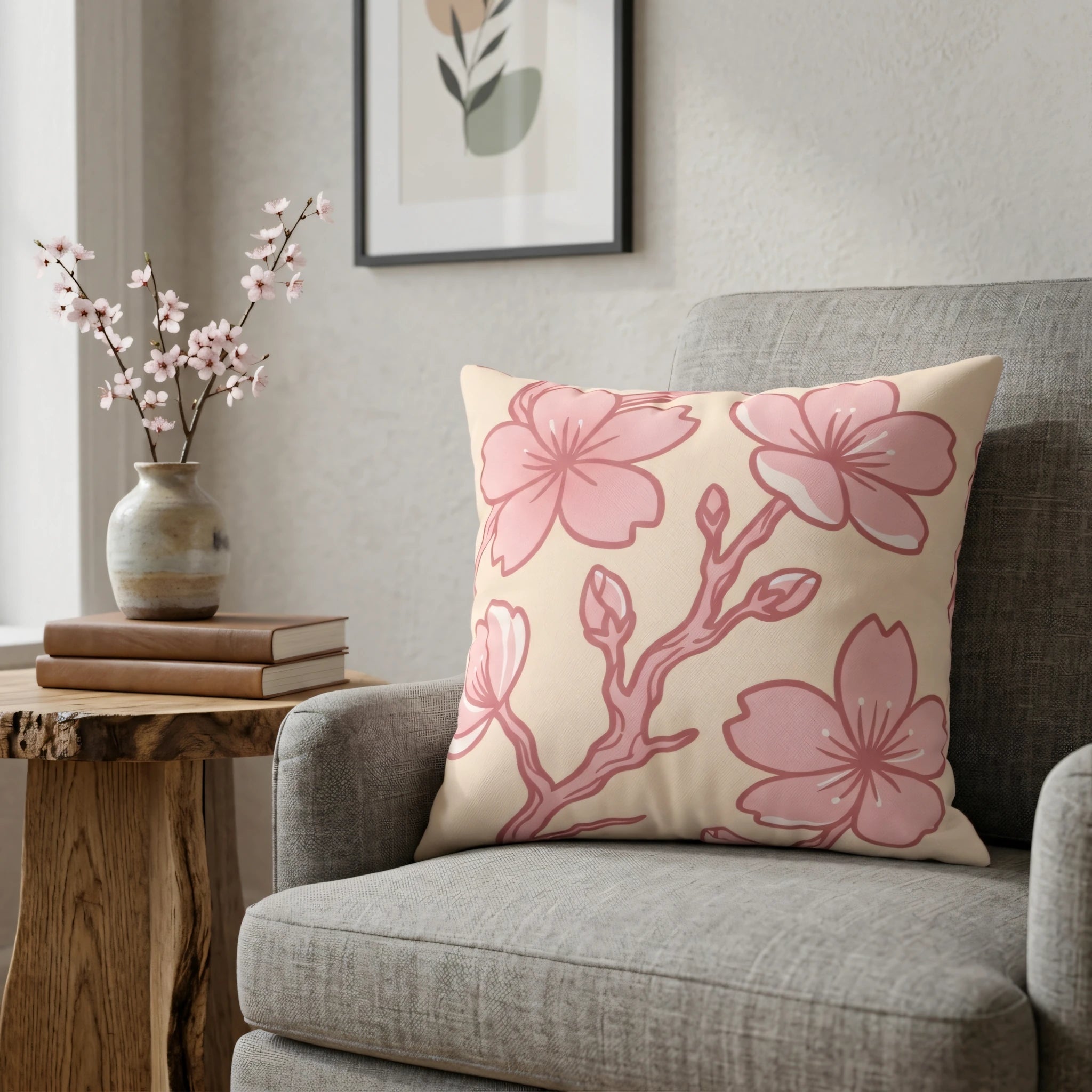 Pink cherry blossom throw pillow on a grey armchair in a cozy room with a wooden side table and cherry blossom branches in a ceramic vase.