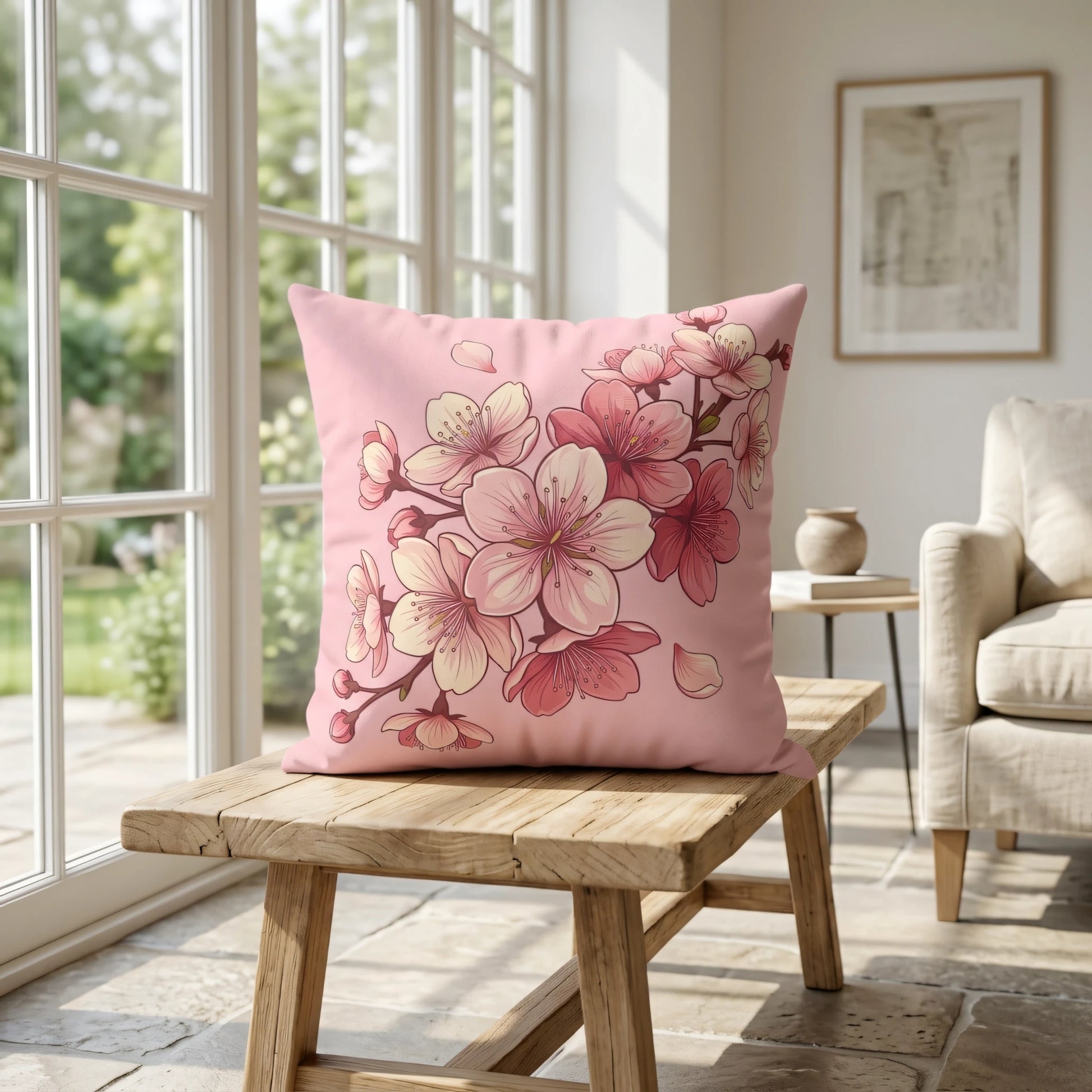 Pink cherry blossom decorative pillow on a rustic wooden bench in a bright, sun-filled room with natural light coming through large windows.