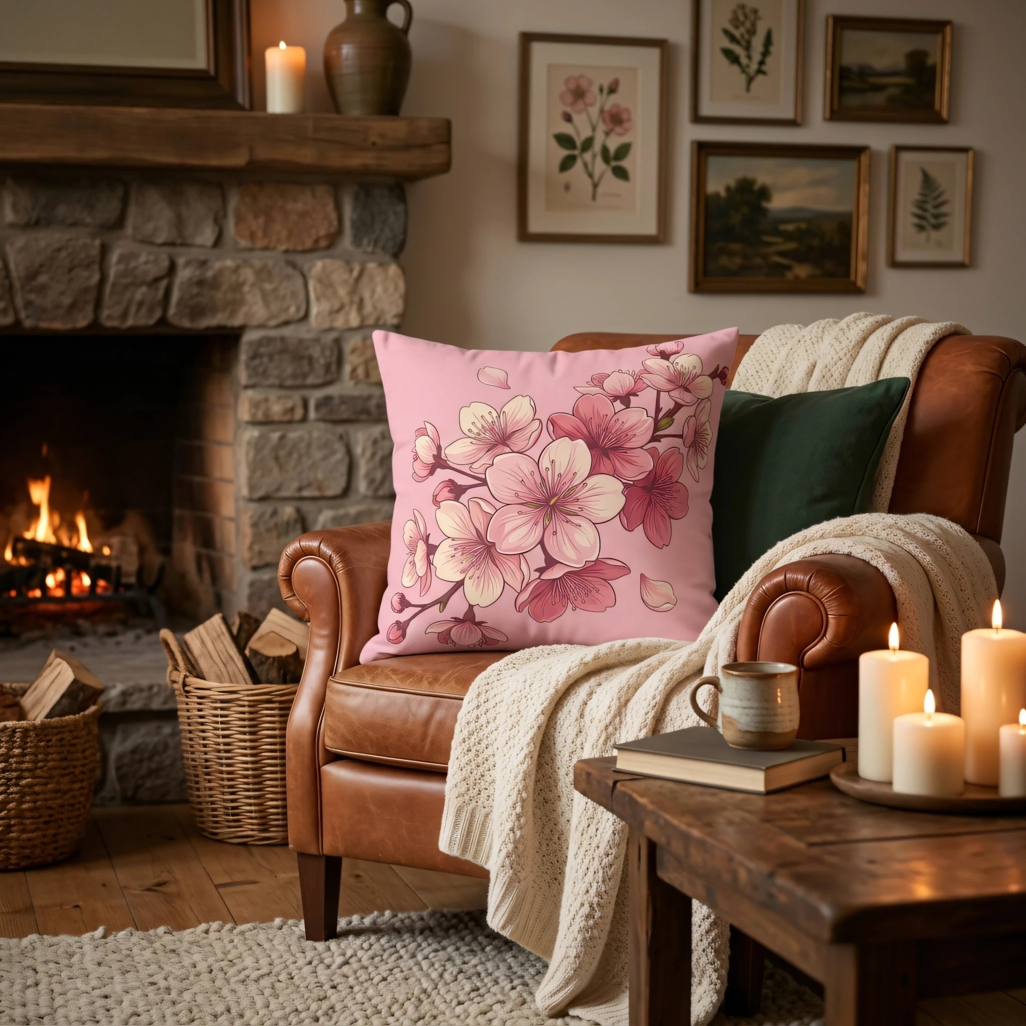 Decorative pink cherry blossom cushion on a brown leather armchair in a cozy living room with a stone fireplace and warm candlelight.