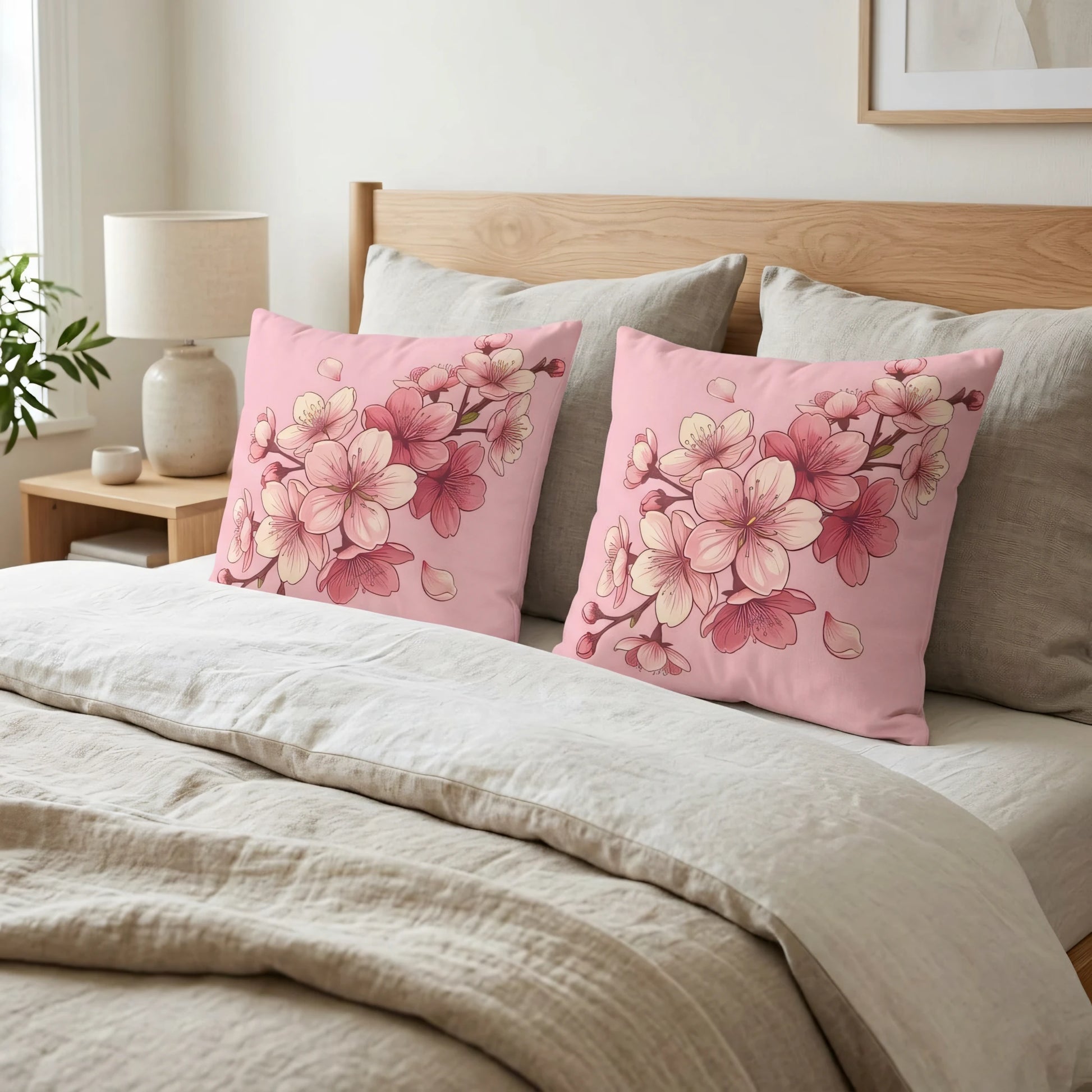 Pair of pink cherry blossom floral cushions on a cozy bed with beige linen and a wooden headboard in a bright, minimalist bedroom setting.