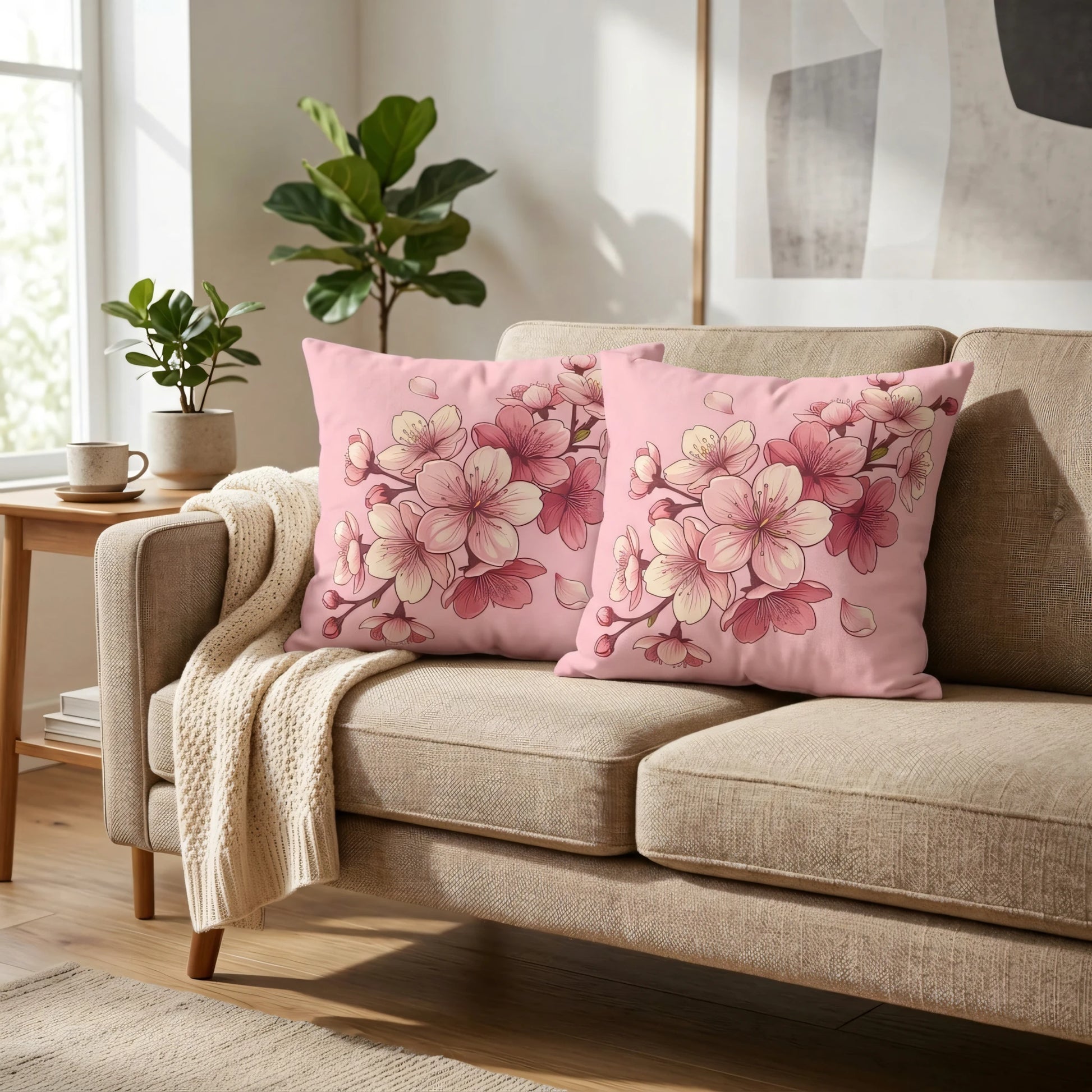 Pink cherry blossom decorative cushions on a tan sofa in a bright modern living room lifestyle setting with green house plants.