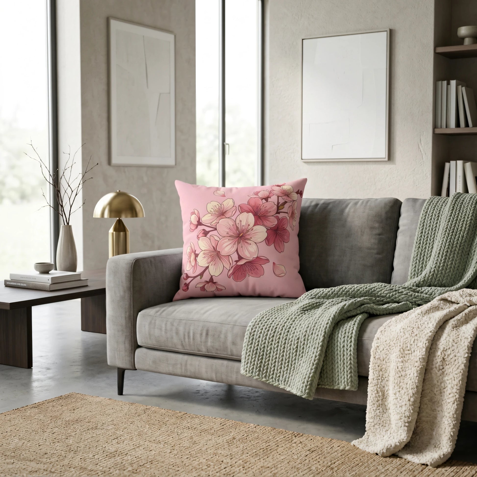 Pink cherry blossom floral cushion on a modern grey sofa in a minimalist living room with a gold lamp and cozy blankets.