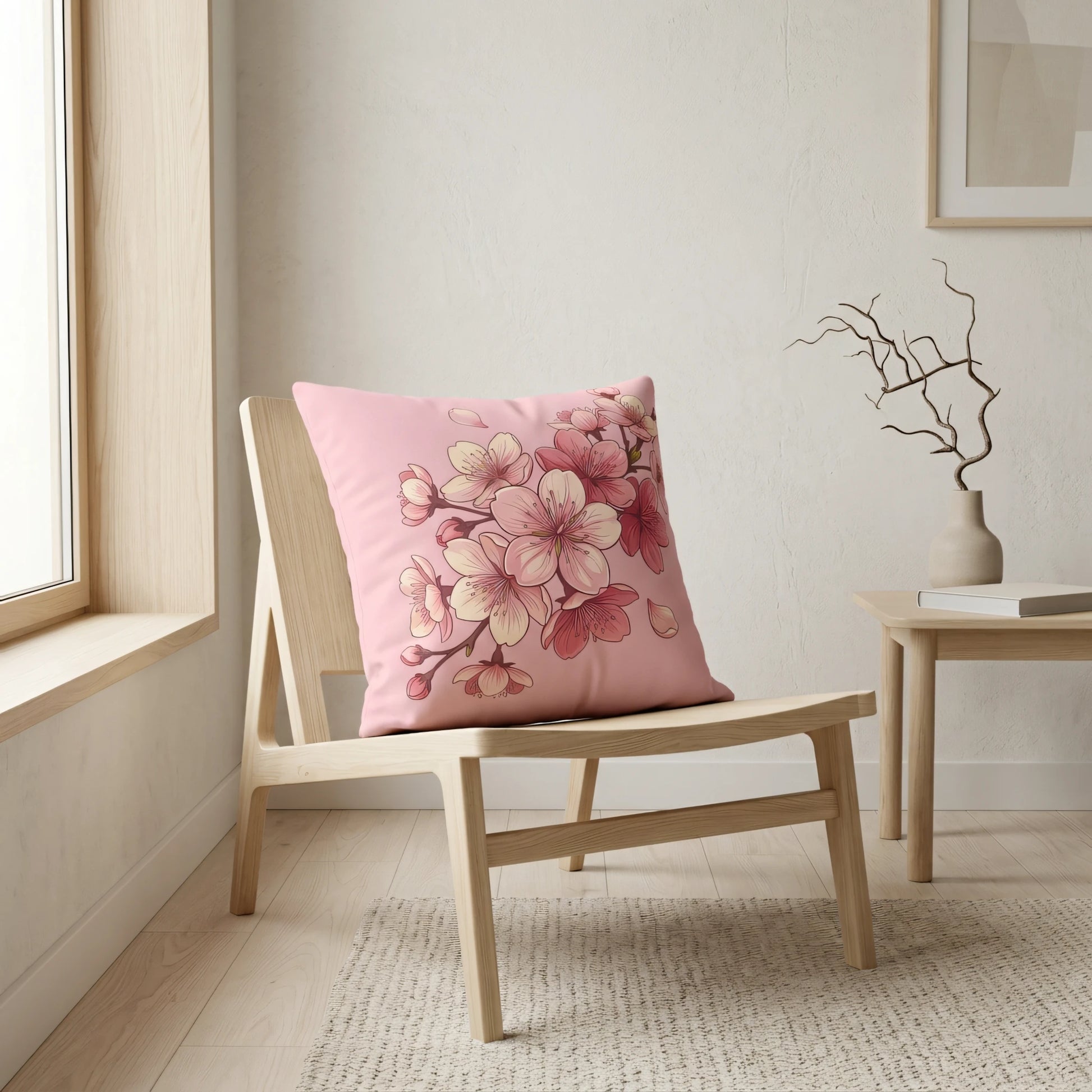 Pink cherry blossom throw pillow on a light wood chair in a minimalist interior featuring neutral tones, a side table, and a beige rug.