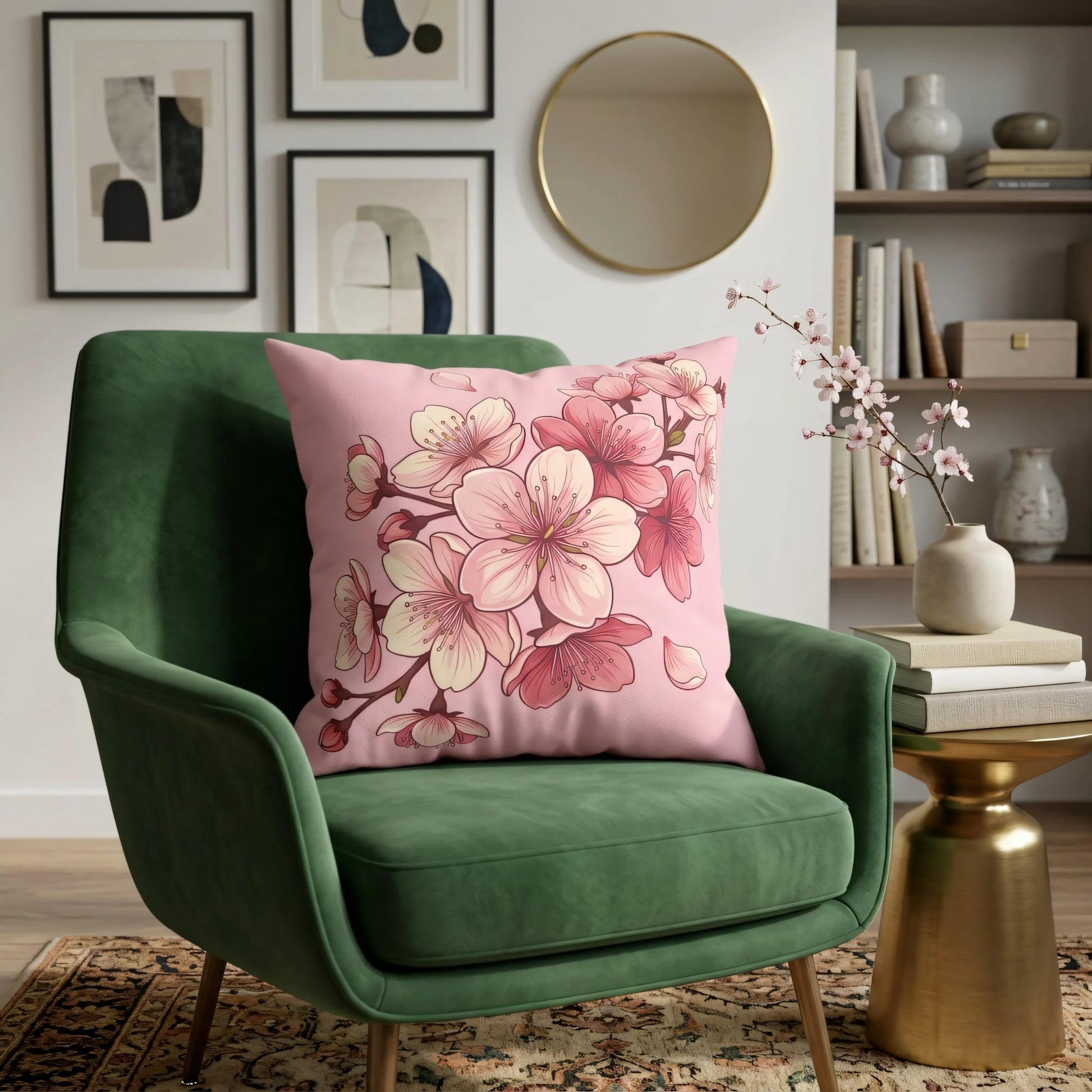 Pink cherry blossom floral cushion on a green velvet armchair in a stylish living room with a gold side table and minimalist framed art.