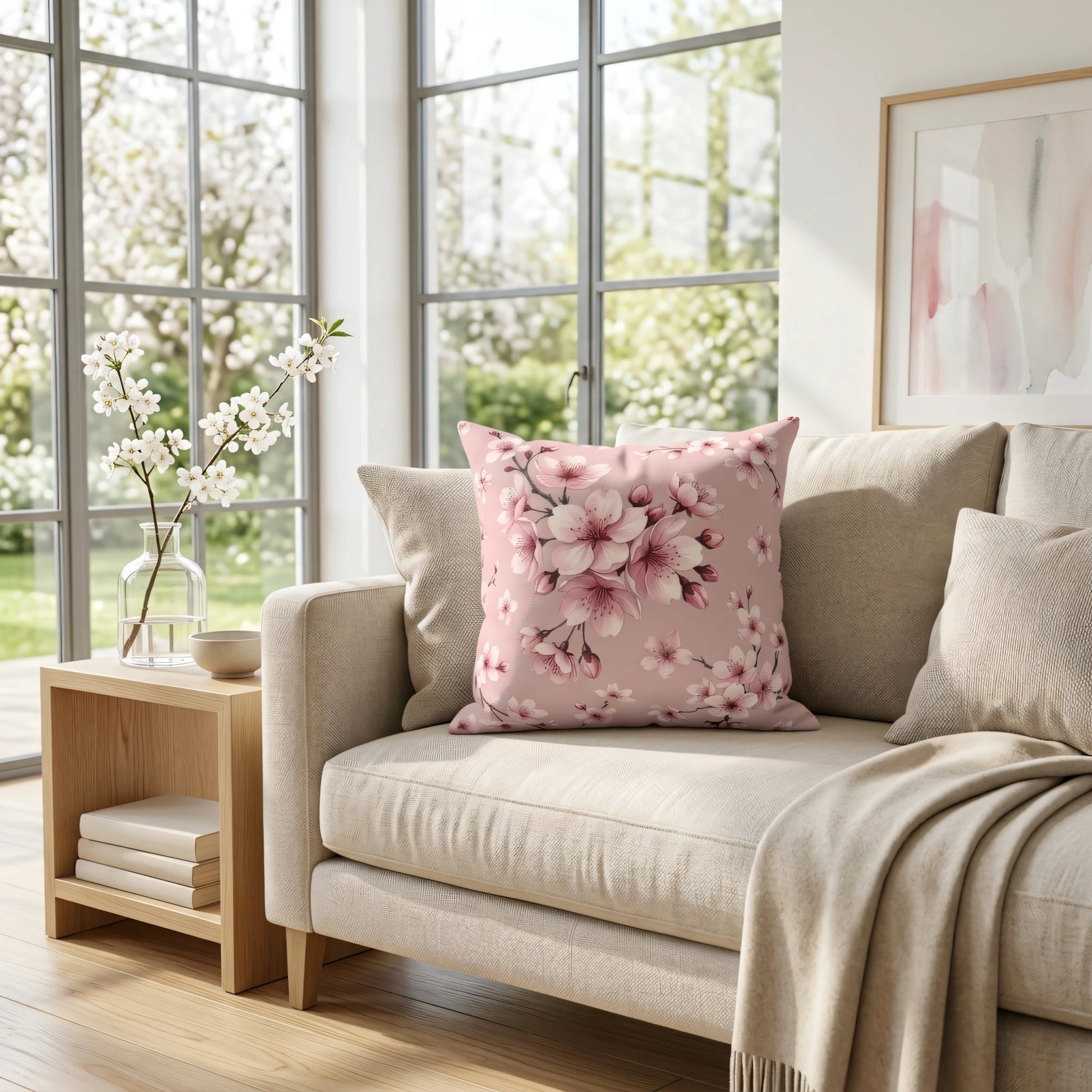 Pink cherry blossom floral cushion on a neutral beige sofa in a bright, airy living room with large windows and spring garden views.