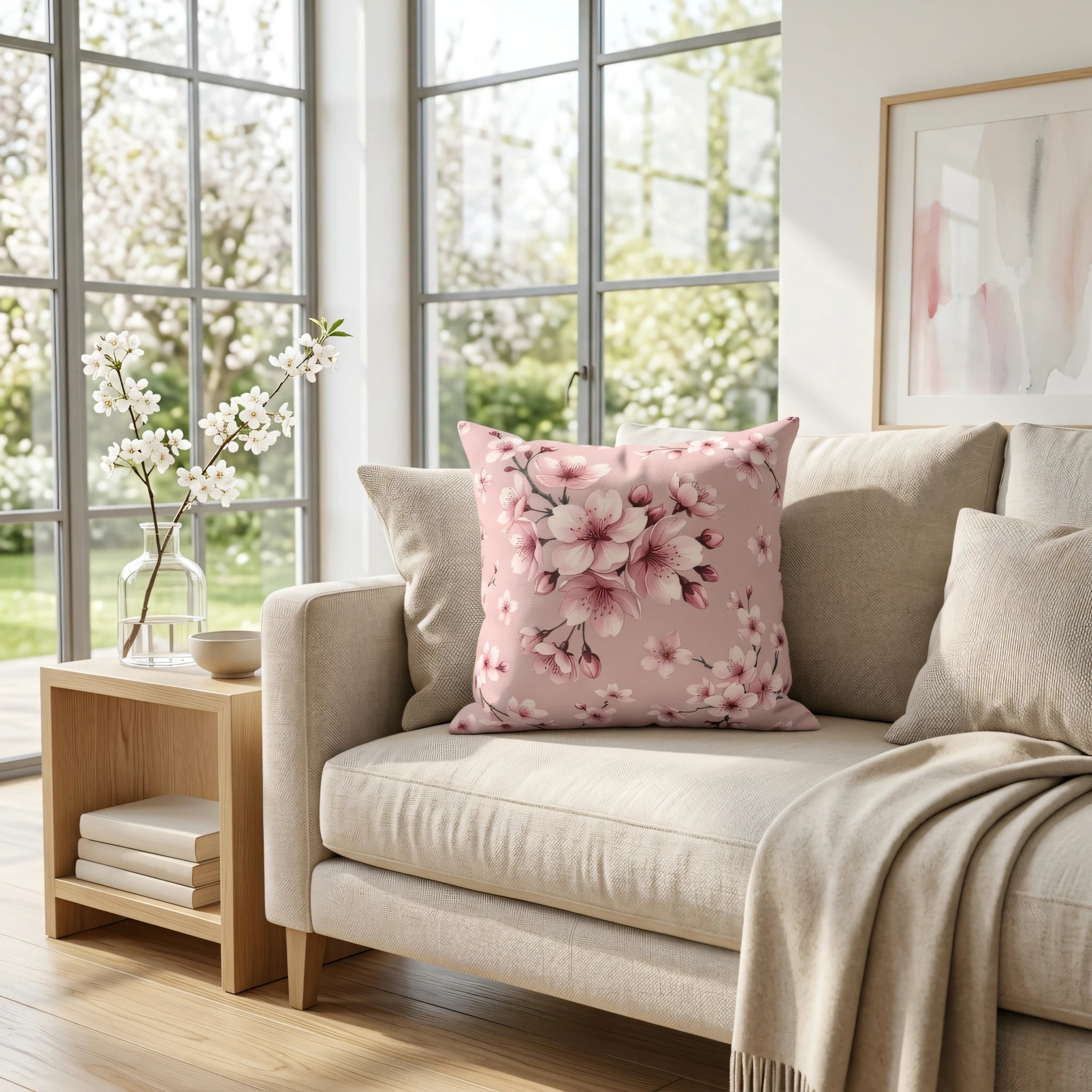 Pink cherry blossom floral cushion on a neutral beige sofa in a bright, airy living room with large windows and spring garden views.