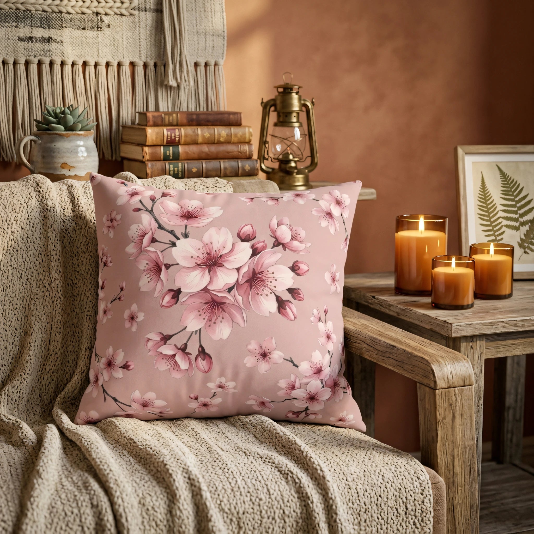 Pink cherry blossom floral throw pillow on a cozy armchair with a knit blanket, vintage books, and lit candles in a warm, rustic living room.