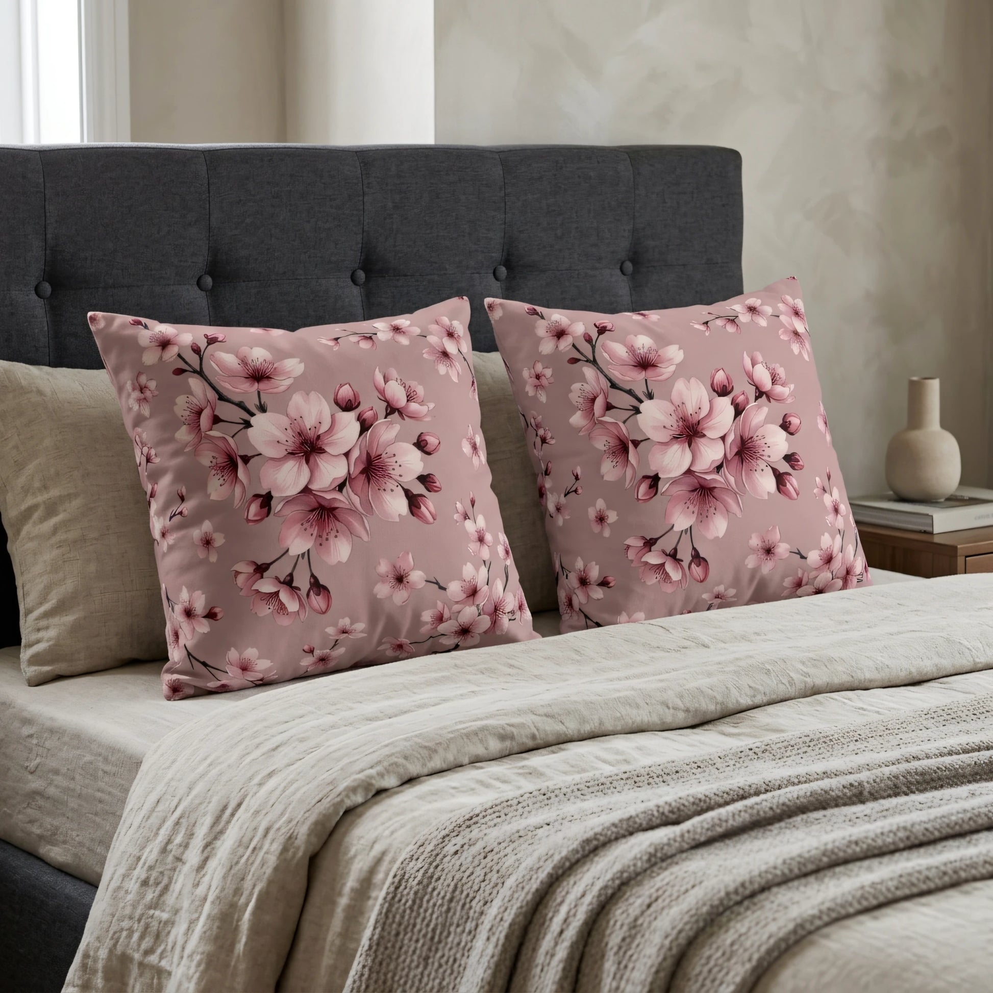 Two pink cherry blossom patterned cushions on a beige bed with a dark grey headboard, showcasing a floral home decor lifestyle scene.