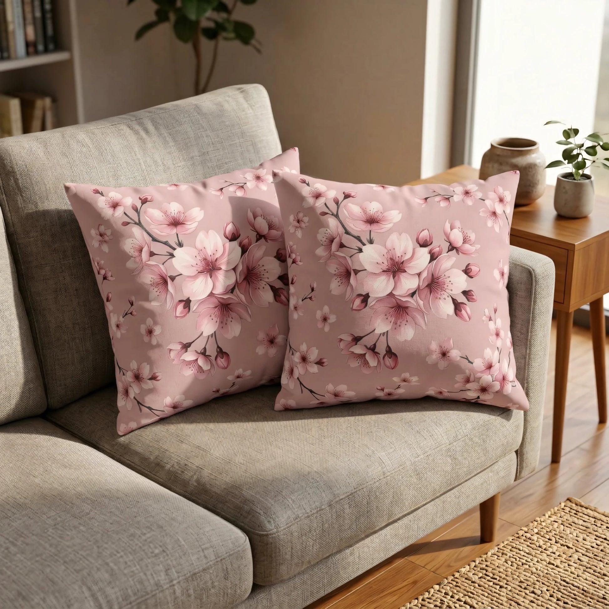 Pair of decorative cushions with a pink cherry blossom floral pattern on a grey sofa in a bright and cozy living room setting.