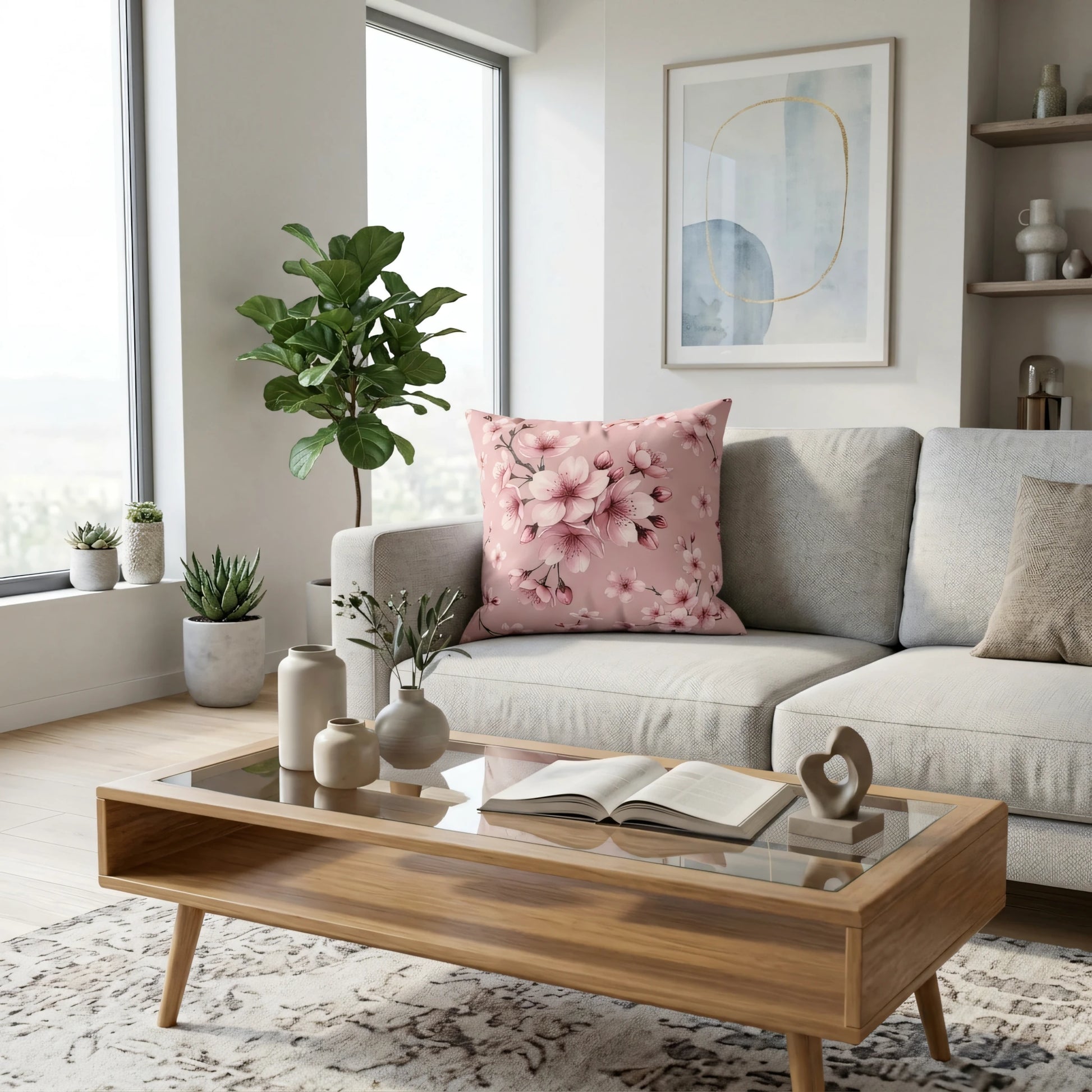 Pink cherry blossom pillow on a grey sofa in a bright modern living room with large windows, indoor plants, and a wooden coffee table.
