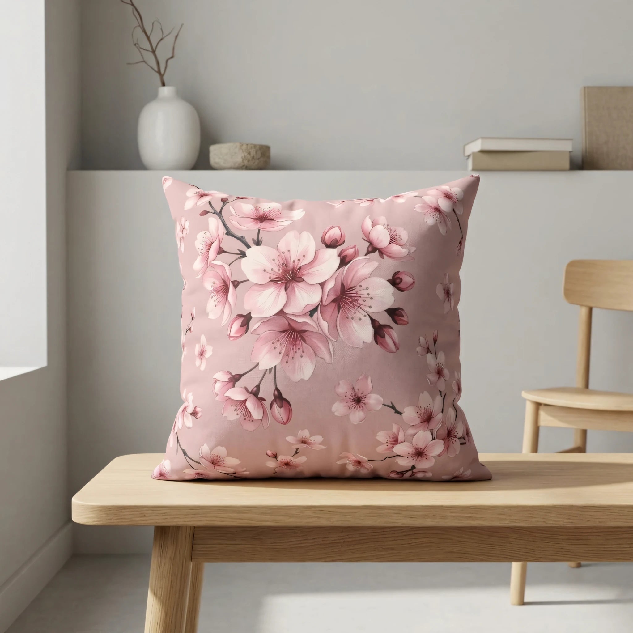 Pink cherry blossom throw pillow on a light wooden table in a minimalist interior setting with neutral walls and soft lighting.