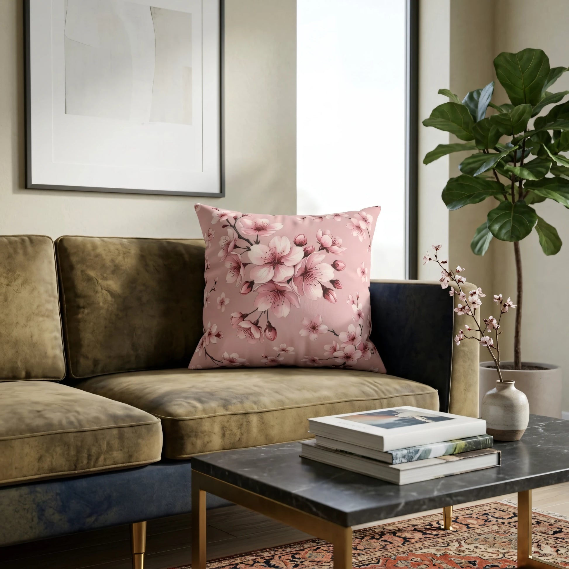 Pink cherry blossom floral cushion displayed on a velvet sofa in a modern living room setting with a marble coffee table and potted plant.