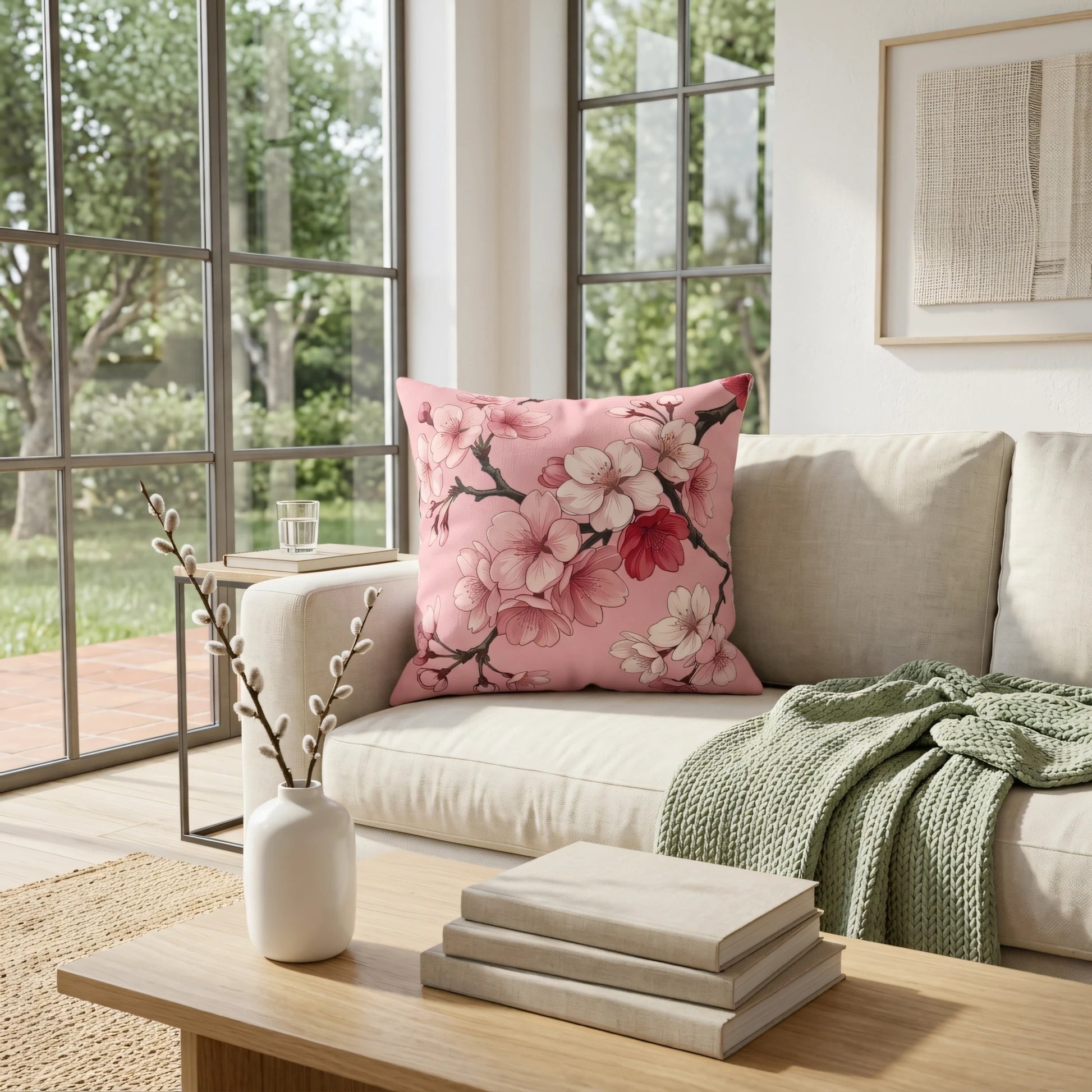 Pink cherry blossom floral pillow on a neutral sofa in a bright, sunlit living room featuring large windows and a green knit throw.