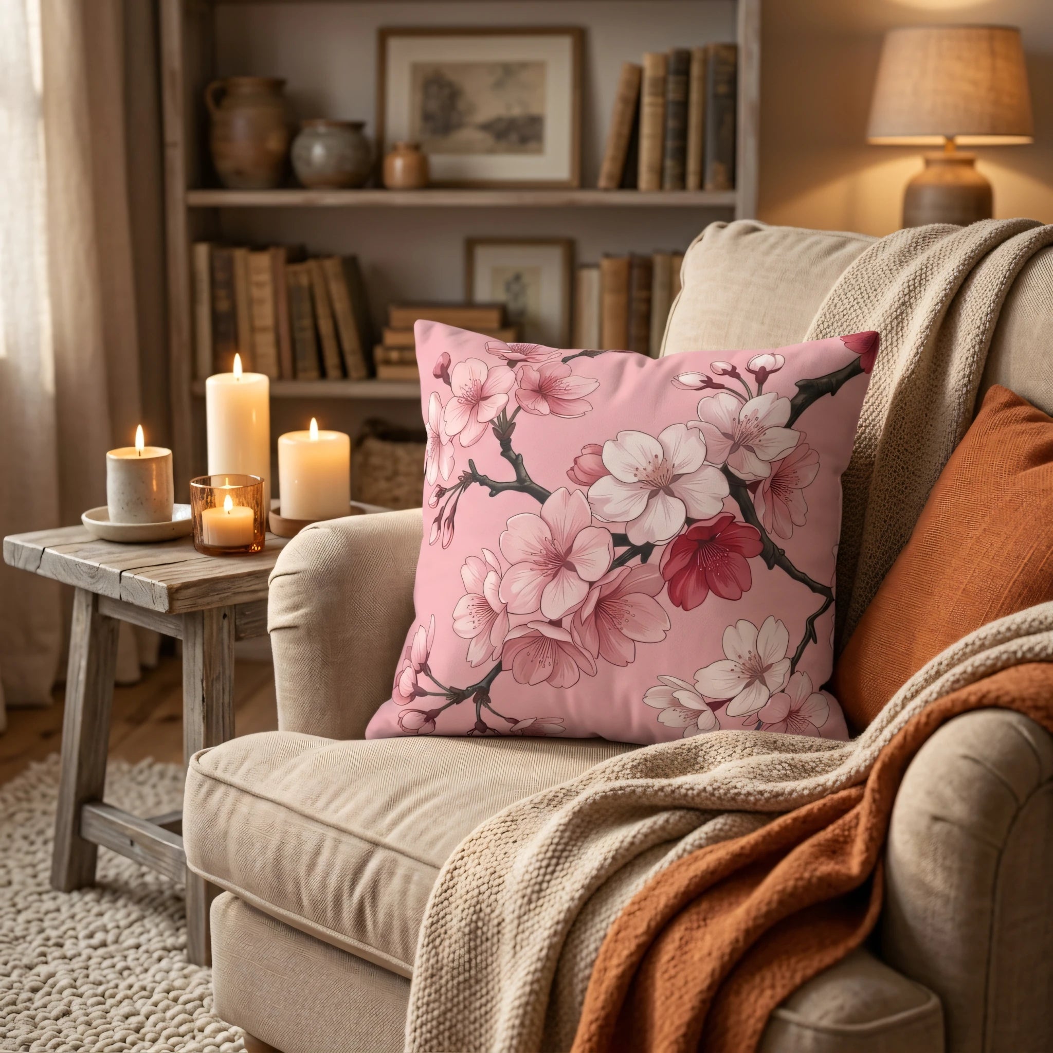 Pink floral throw pillow with cherry blossoms on a cozy armchair in a warm living room with lit candles and rustic wooden decor.